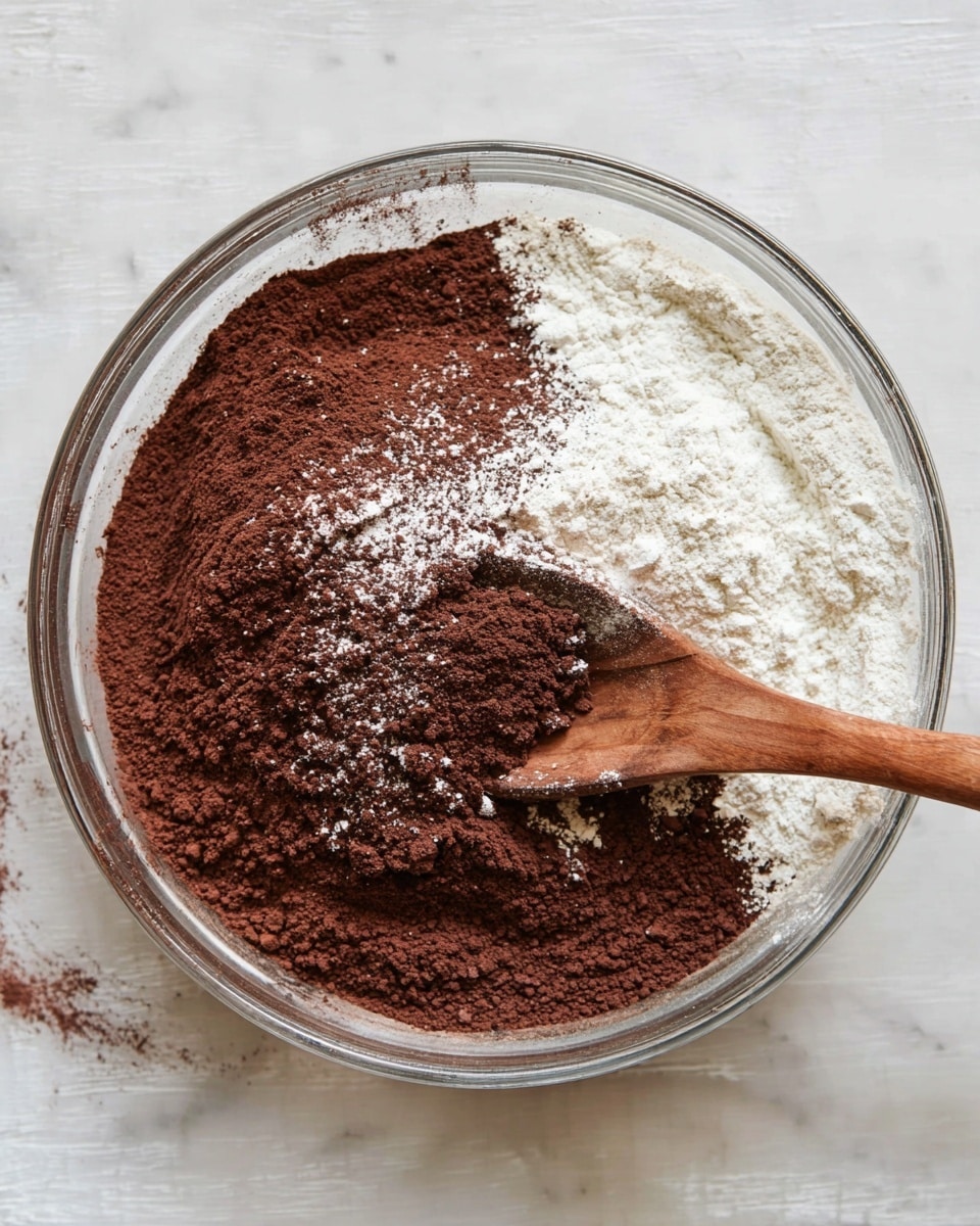 A clear glass bowl filled with two layers of dry ingredients: a thick layer of deep brown cocoa powder covers most of the bowl, while on one side, there is a smaller mound of fine white flour. A wooden spoon with a smooth texture lies partially buried in the dry mix, with some flour sprinkled on its edge. The bowl sits on a white marbled surface with soft light showing slight worn areas. photo taken with an iphone --ar 4:5 --v 7