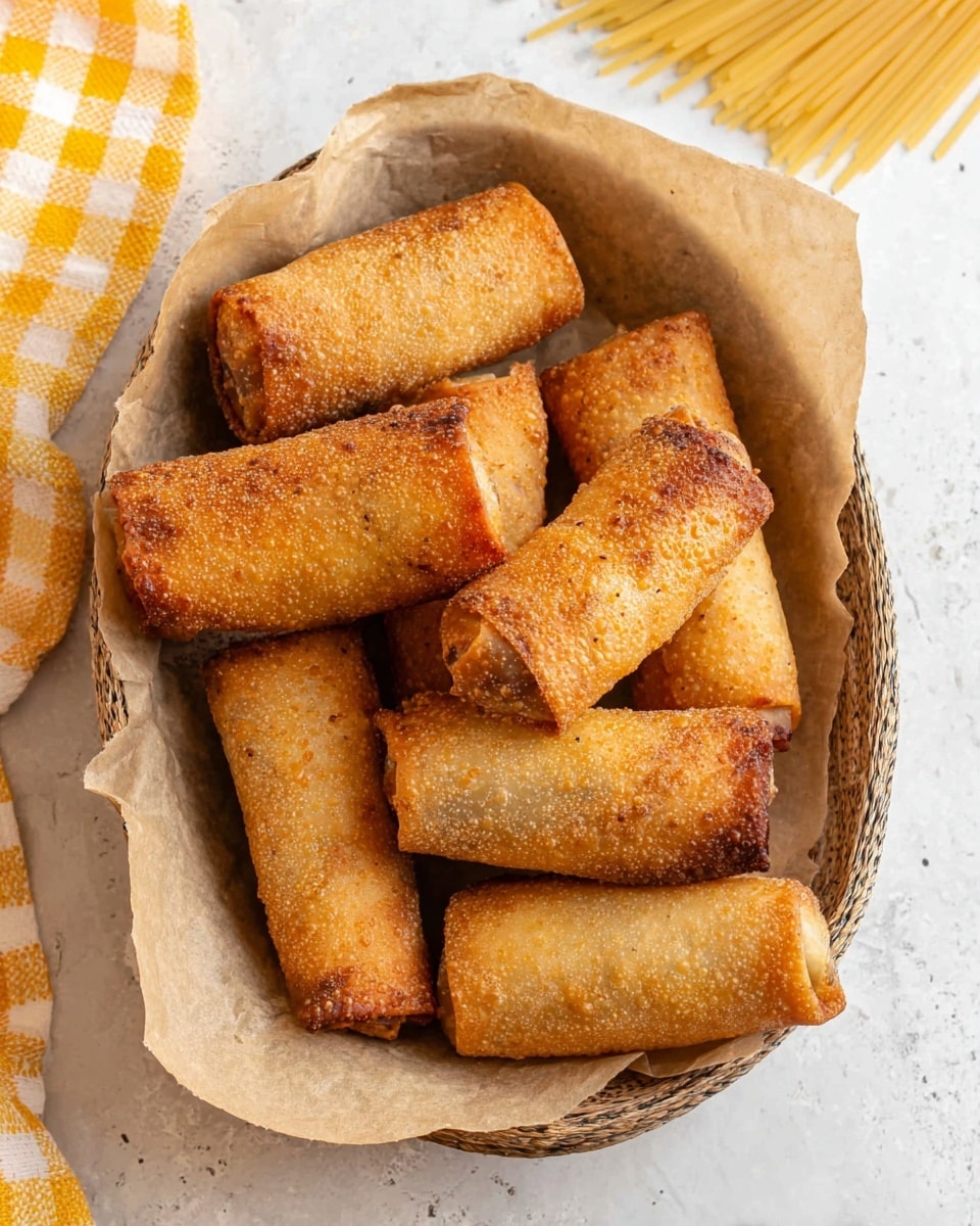 A round basket lined with light brown parchment paper holds eight golden-brown fried spring rolls, each with a slightly bubbly and crispy texture on the outside and varying shades of warm brown from light to deep; the basket sits on a white marbled surface with a partially visible yellow and white checkered cloth in the lower left corner and some stacked sheets of uncooked pasta at the top right corner; the overall scene is bright and clean. photo taken with an iphone --ar 4:5 --v 7