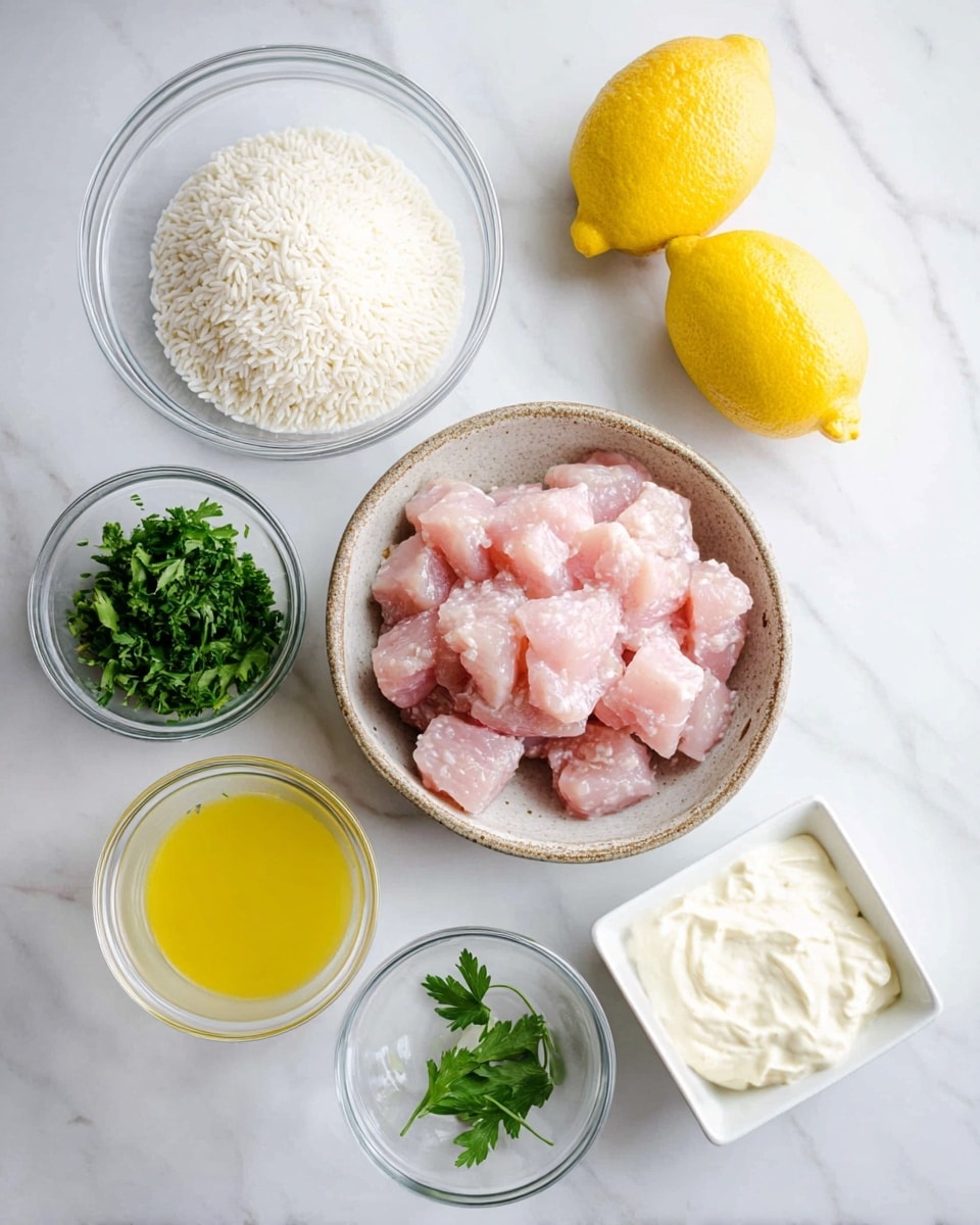 A top view of several ingredients on a white marbled texture, including a rustic bowl filled with pale pink raw cubed meat at the center bottom, a clear round bowl with white rice grains at the top left, two bright yellow whole lemons placed horizontally near the top right, and a small clear bowl with fresh green parsley leaves just below the lemons. At the bottom left is a clear bowl with a yellow liquid, likely broth, and to the right of that is a square white bowl filled with a white creamy substance, possibly yogurt or sour cream. Close to the bottom right edge, there is a very small clear bowl containing a pale yellow creamy ingredient. The overall arrangement is neat and spaced out for a clean look. photo taken with an iphone --ar 4:5 --v 7