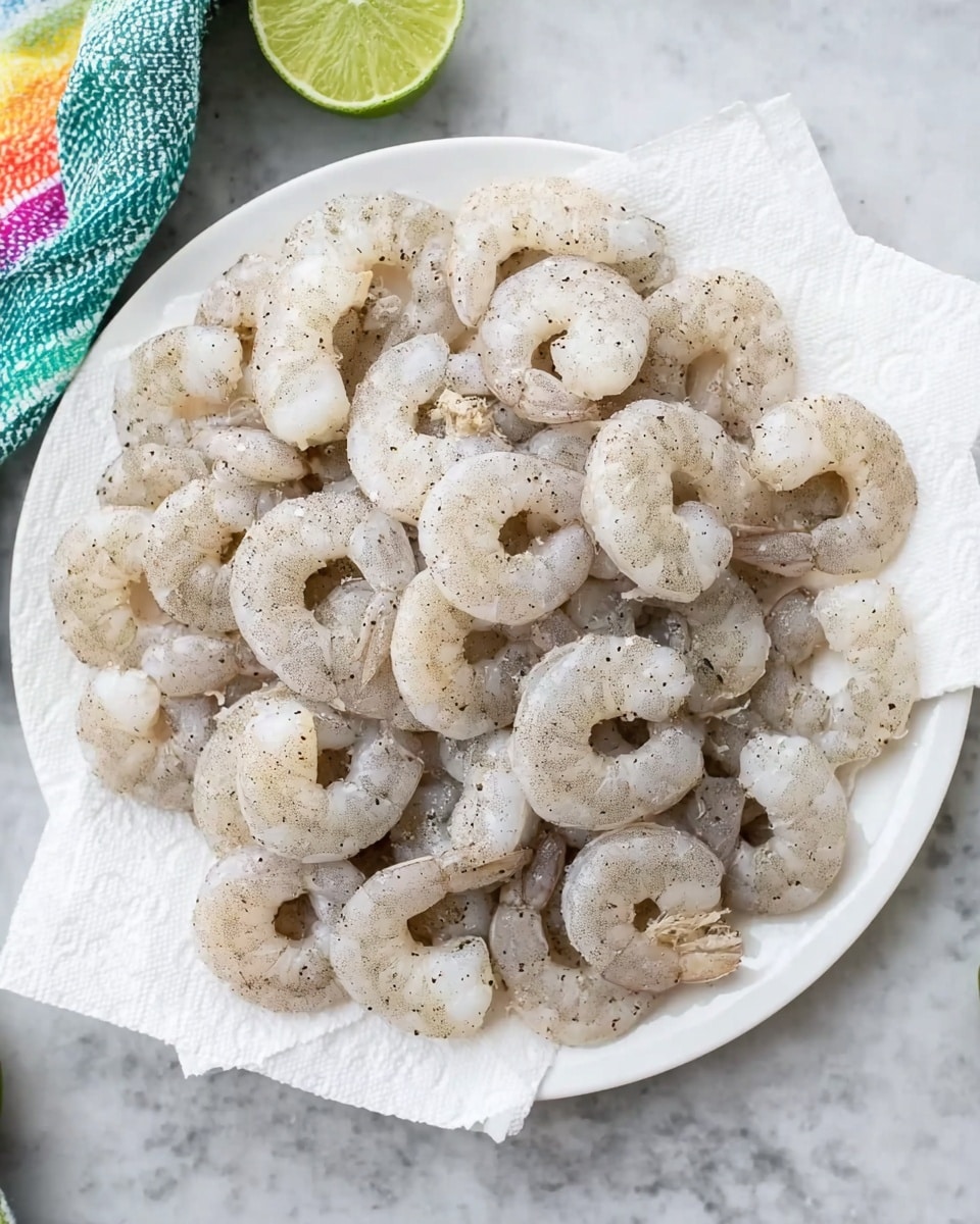 A white plate is full of raw shrimp spread out evenly, each shrimp a pale grayish-white color with slight translucence and some black pepper sprinkled on top. The shrimp rest on a white paper towel that soaks up moisture, and the plate is placed on a white marbled surface. In the upper left corner, part of a lime and a woman’s hand holding a colorful cloth napkin are visible. photo taken with an iphone --ar 4:5 --v 7