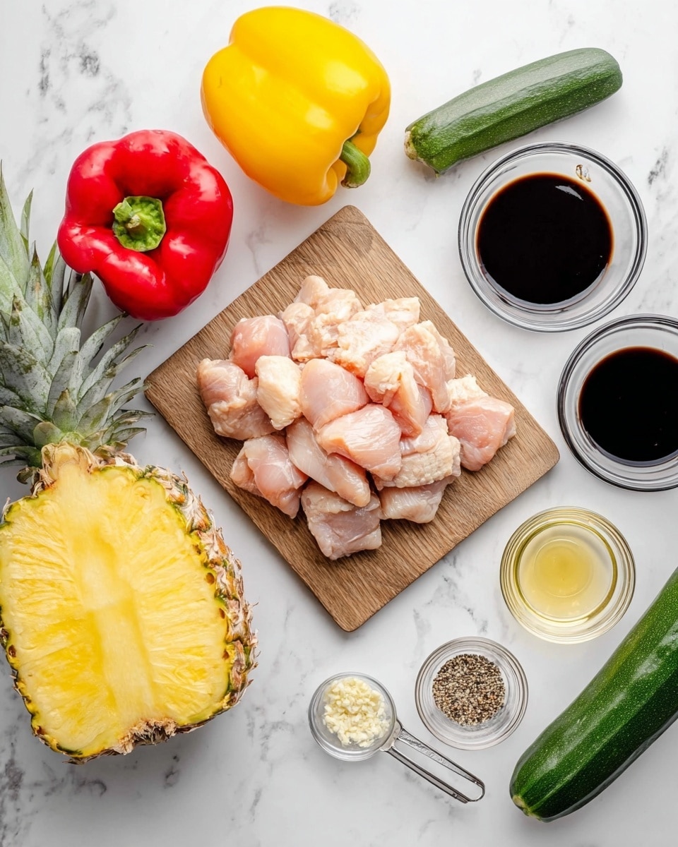The image shows raw chicken pieces placed in a pile on a small wooden board at the center. Around this board, there are several fresh whole vegetables and fruits including a pineapple on the bottom left, a red bell pepper and a yellow bell pepper at the top, and a whole zucchini below the peppers. On the right side of the board, there are three small glass containers filled with dark sauce, light-colored liquid, and a clear liquid. Next to them, there are two small measuring spoons with minced garlic and black pepper. The entire setup is on a white marbled surface, giving a clean and fresh look. photo taken with an iphone --ar 4:5 --v 7