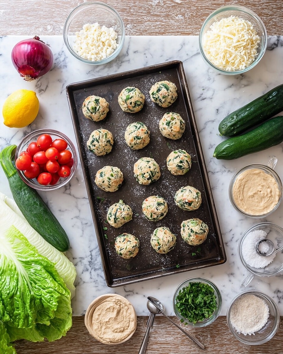 A dark baking tray filled with 18 uncooked round spinach and cheese balls, light beige mixed with dark green bits, arranged in three rows and centered on the tray is a small clear bowl of bright red cherry tomatoes. Around the tray are several ingredients on a white marbled surface, including whole green lettuce leaves, a clear bowl of white cheese crumbles, a whole red onion, a lemon sliced in half, two small green cucumbers, a small clear bowl of white rice, a small bowl of chopped green herbs, a small bowl of creamy beige hummus, a small glass with white sauce, and a metal measuring spoon with salt. photo taken with an iphone --ar 4:5 --v 7