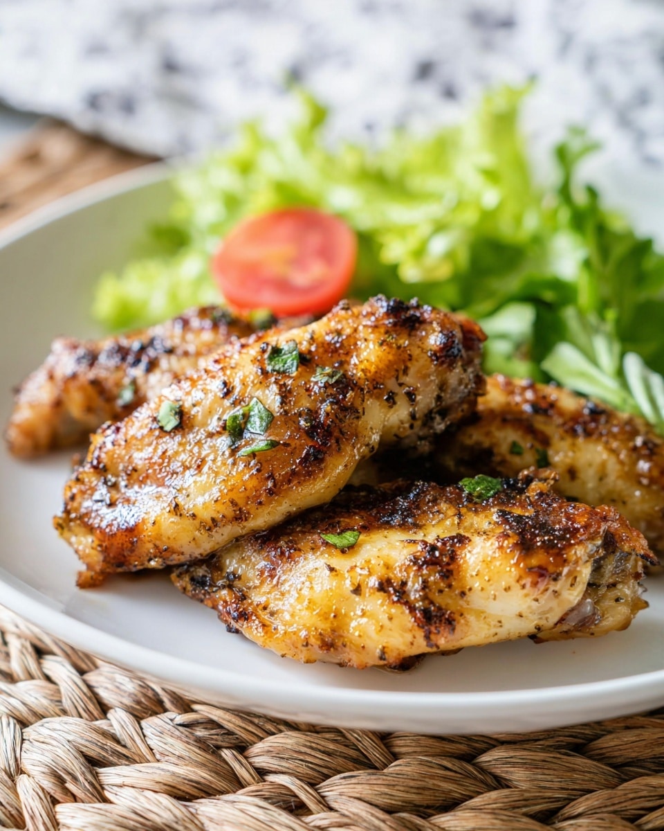 The image shows three golden brown grilled chicken wings placed on a white plate, slightly overlapping each other. The wings have a textured surface with visible char marks and small green herb bits sprinkled on top. To the left of the wings, there is a small portion of green lettuce and a slice of red cherry tomato, adding a fresh contrast to the dish. The plate sits on a woven mat with a white marbled texture in the background. photo taken with an iphone --ar 4:5 --v 7