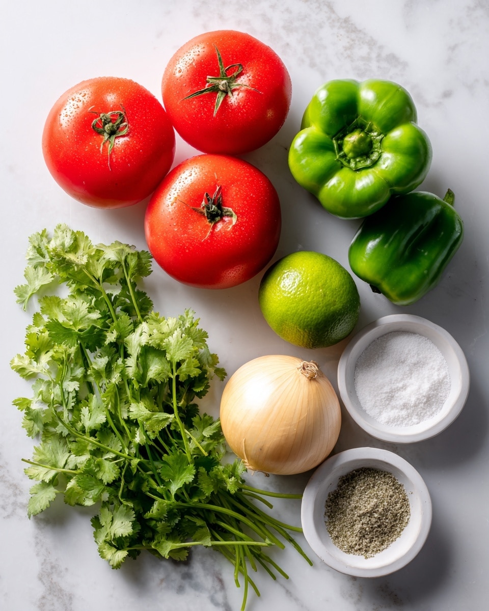 The image shows a bright arrangement of fresh ingredients on a white marbled surface. There are five red tomatoes grouped closely together at the top left. To the right of the tomatoes, there is a green lime and a green bell pepper placed next to each other. Below the tomatoes, a bunch of fresh green cilantro leaves is spread out with some stems. At the bottom right, a light yellow onion sits next to two small white bowls, one filled with garlic powder and the other with salt. The overall setting is clean and colorful with all items clearly visible. Photo taken with an iphone --ar 4:5 --v 7