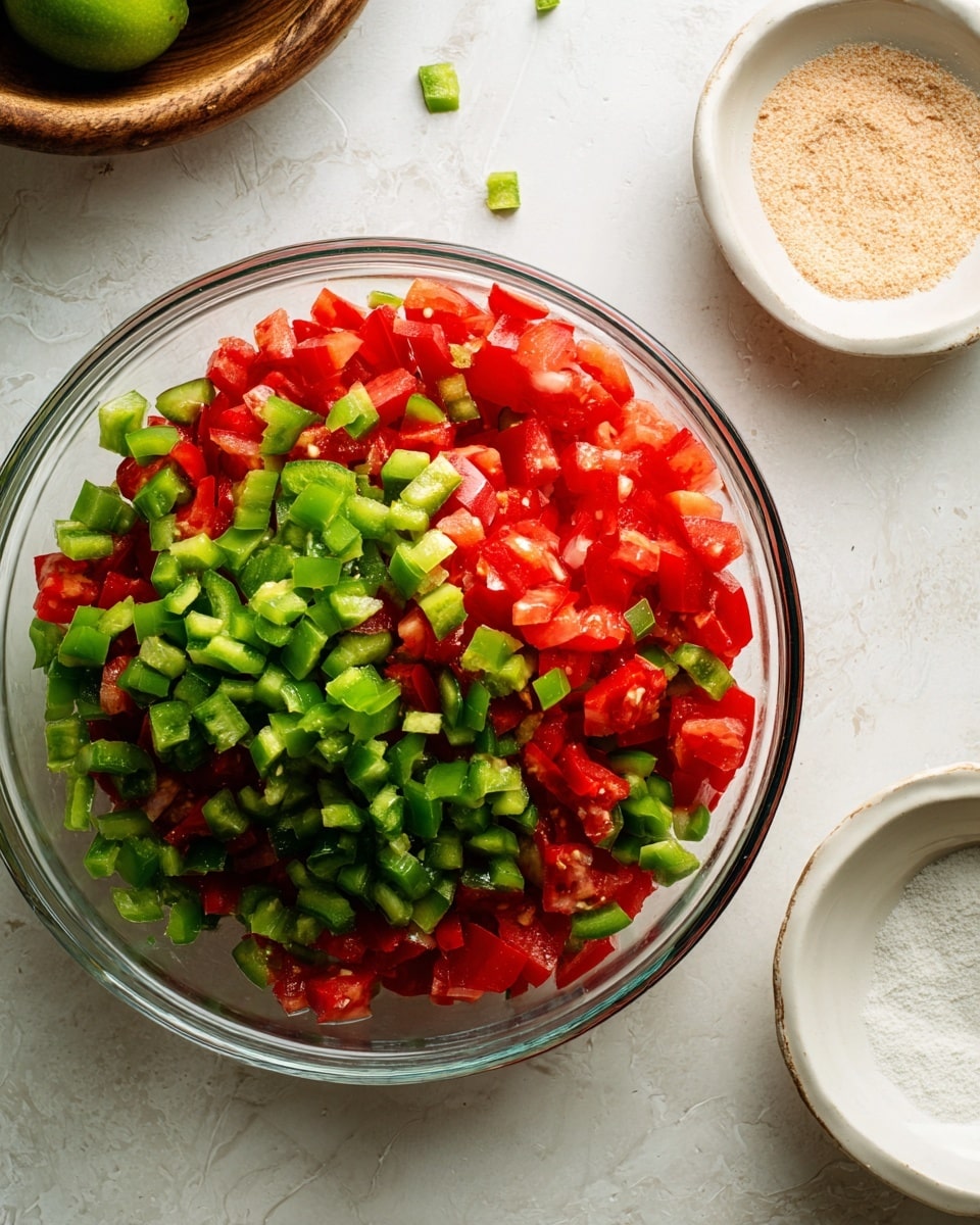 A clear glass bowl sits on a white marbled surface filled with two layers of diced vegetables: the bottom layer is bright red diced tomatoes, and the top layer is vivid green diced bell peppers scattered evenly across the tomatoes. Nearby on the surface are two small white bowls, one containing a light tan powder and the other empty, with a green lime partially visible at the top left corner. photo taken with an iphone --ar 4:5 --v 7