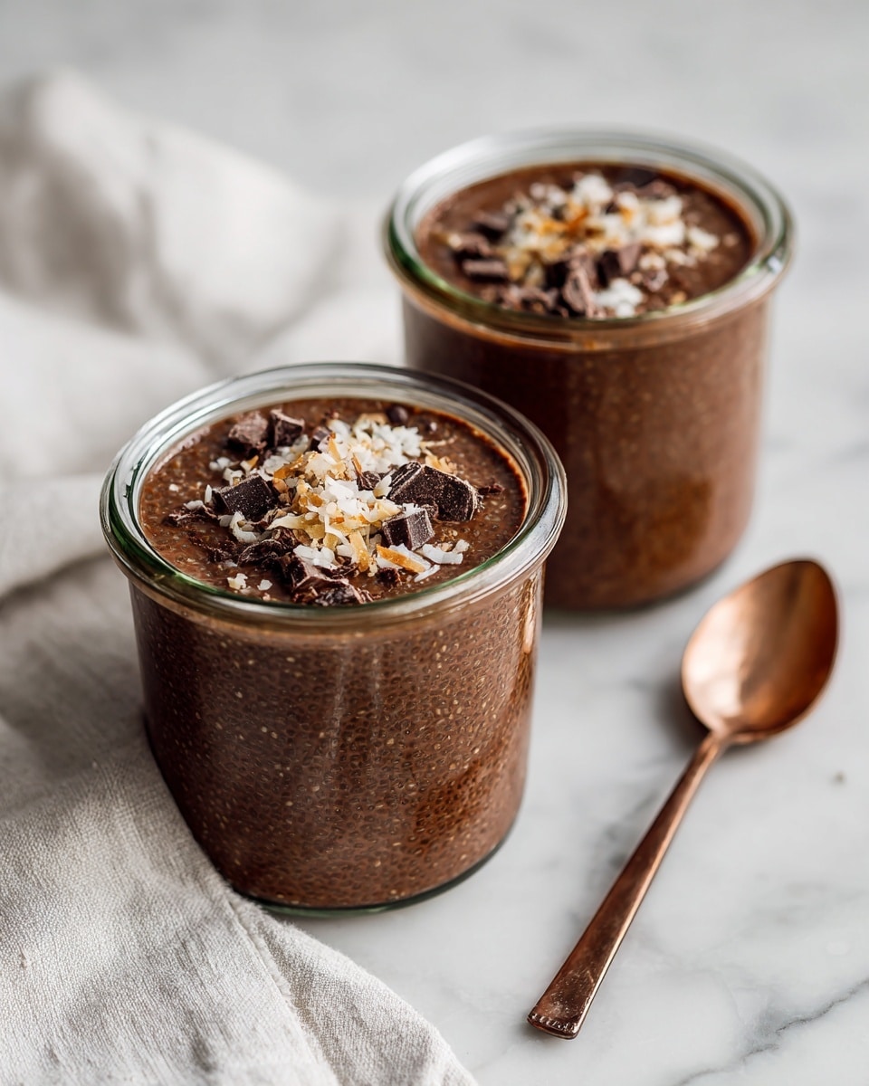 Two clear glass jars sit on a white marbled surface, each filled with a dark brown chocolate chia pudding. The pudding has a thick and slightly textured look, filling each jar almost to the top. On the surface of each pudding, there is a sprinkle of light beige coconut flakes and small pieces of dark chocolate, adding contrast and texture. A copper spoon and a white cloth are placed beside the jars, adding a soft and warm touch to the scene. photo taken with an iphone --ar 4:5 --v 7