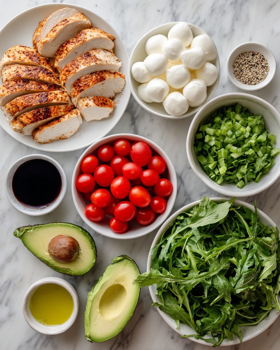The image shows a top view of several small white bowls and a white plate arranged neatly on a white marbled surface. The large white plate on the left has two tightly sliced pieces of golden brown, seasoned cooked chicken. Above the plate is a small white bowl filled with white round balls of mozzarella cheese. To the right, a white bowl contains chopped green leafy basil. Next to it is a half avocado with light green flesh and a dark outer skin. Below the basil bowl is a white bowl with bright red quartered cherry tomatoes. Below the tomatoes, there is a larger white bowl filled with fresh green arugula leaves. Small white bowls containing golden olive oil, hemp seeds, and dark balsamic vinegar are visible around the edges. The clean arrangement emphasizes fresh salad ingredients in simple white dishware. Photo taken with an iphone --ar 4:5 --v 7