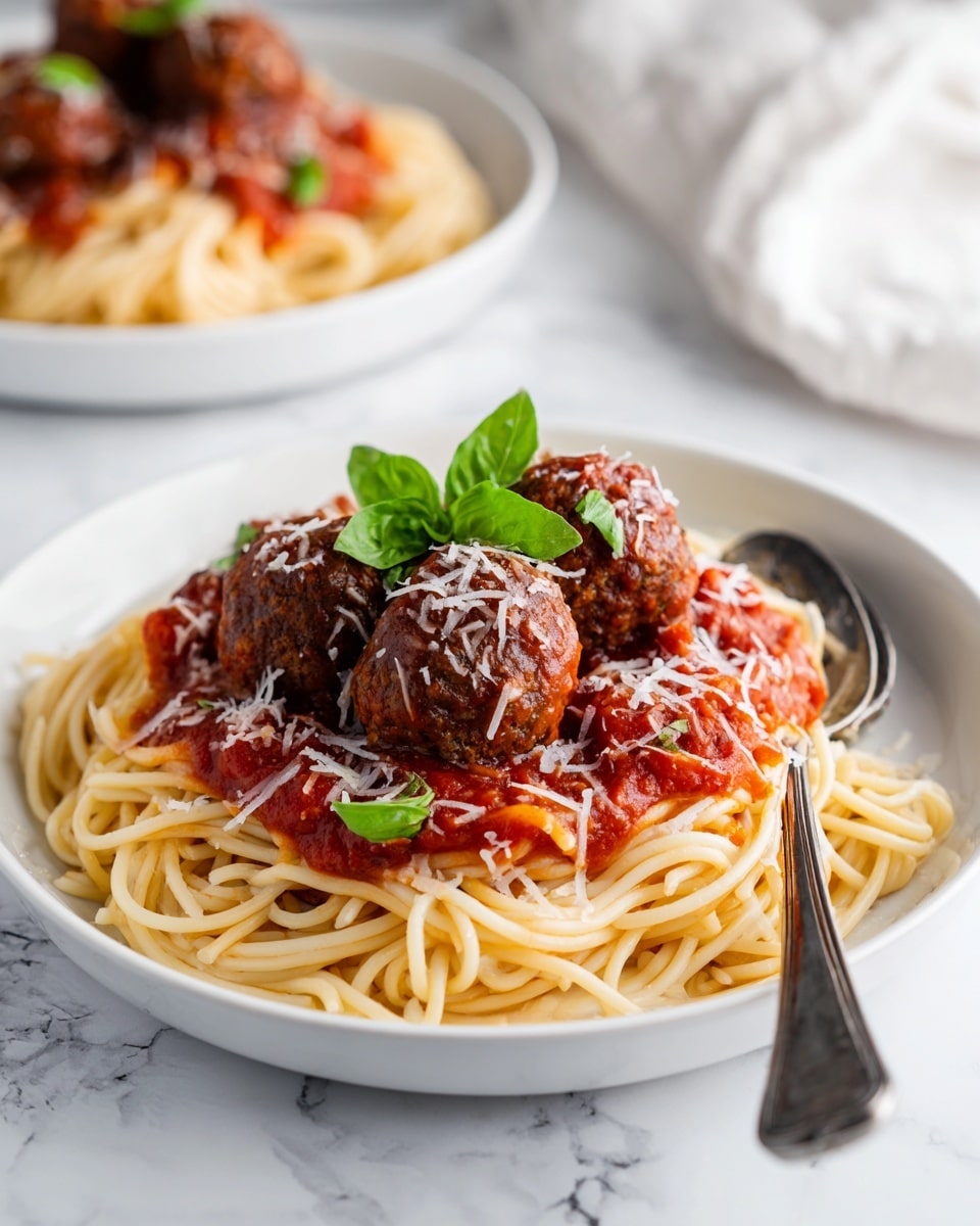 A white plate with a neatly twirled nest of light brown spaghetti forming the bottom layer, topped with several brown meatballs covered in a rich red tomato sauce. The meatballs and sauce are sprinkled with white shredded cheese, and a small bunch of fresh green basil leaves sits on top as a garnish. A silver fork and spoon rest on the right side of the plate. The dish is placed on a white marbled surface with a blurred background showing a similar plate of spaghetti and meatballs, creating a clean and bright setting. Photo taken with an iphone --ar 4:5 --v 7