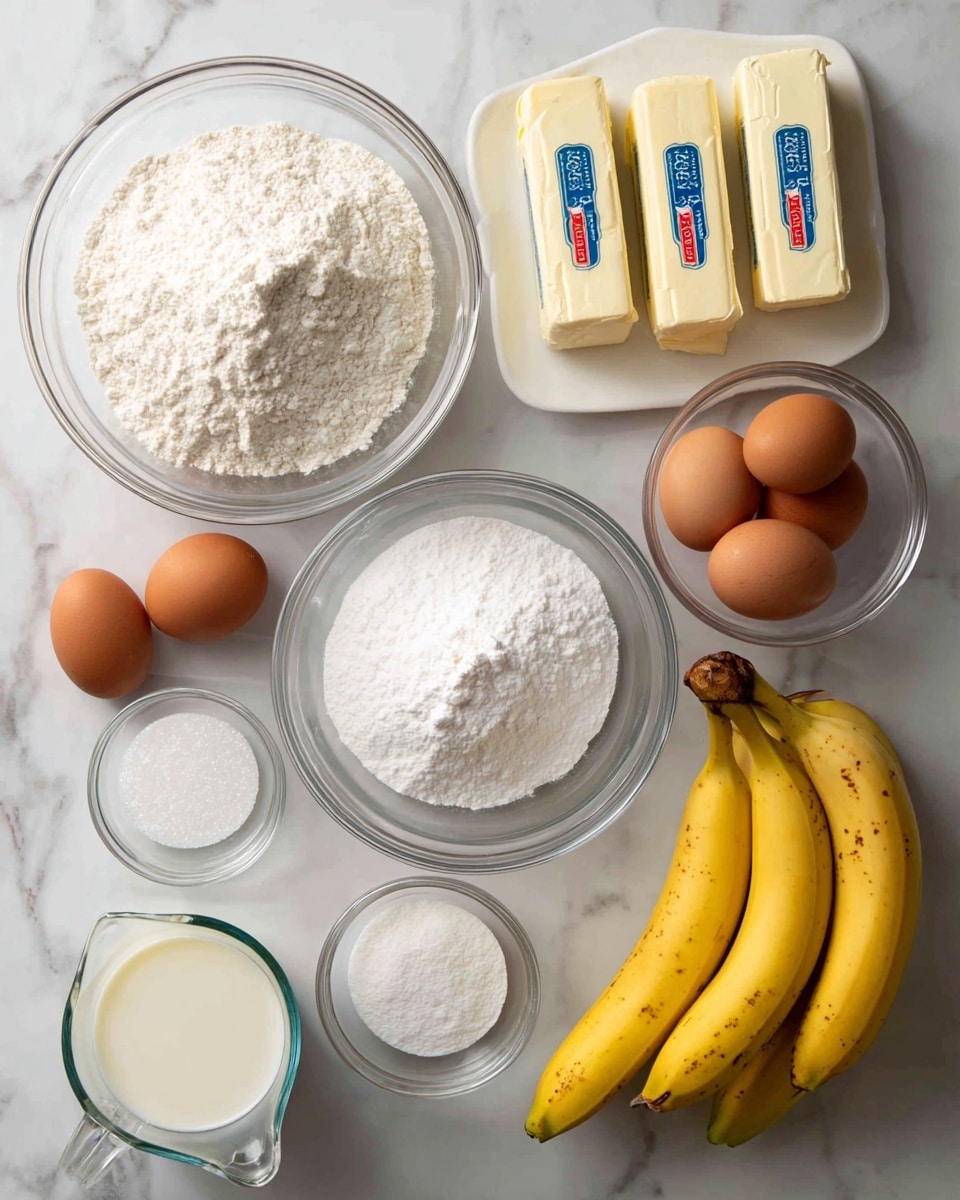 The image shows baking ingredients arranged neatly on a white marbled surface. There is a large clear glass bowl filled with white flour on the top left, and next to it, two rectangular sticks of butter with blue and red labels lie side by side. In the center, a big clear glass bowl contains white sugar, and near it, a smaller glass bowl holds three brown eggs. Towards the bottom left, a clear glass measuring cup is filled with milk. Two small glass bowls, one with white granulated salt and the other with a white powder (likely baking powder), are placed on the right side of the sugar bowl. A bunch of yellow bananas with tiny brown spots is on the top right. Photo taken with an iphone --ar 4:5 --v 7