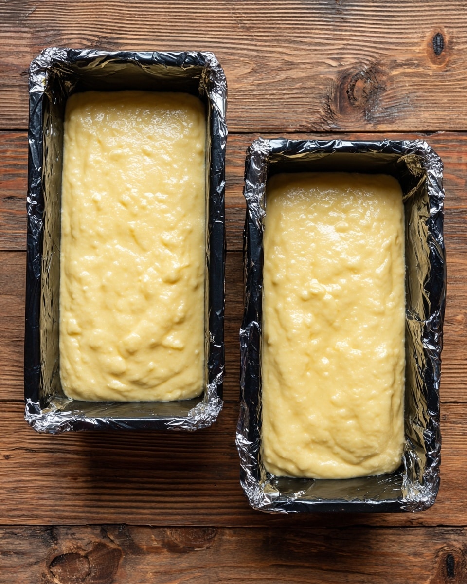 Two rectangular baking pans lined with shiny black foil each hold thick, pale yellow batter that is smooth with a few small lumps. The batter fills the pans almost to the top, with some unevenness in texture on the surface. The pans are placed side by side on a wooden surface with visible grain and knots. Photo taken with an iphone --ar 4:5 --v 7