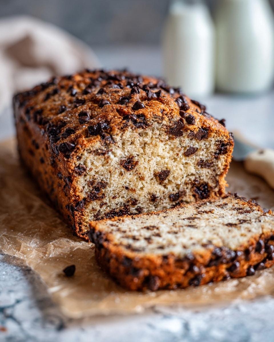 A loaf of chocolate chip bread with a rough crumb texture, visible chocolate chips spread throughout and one thick slice cut and laid in front, all resting on brown parchment paper. The top is golden brown speckled with more chocolate chips, giving a slightly crunchy look. The background shows blurry white bottles and a white marbled surface underneath. A knife with a white handle lies to the right side near the loaf. photo taken with an iphone --ar 4:5 --v 7