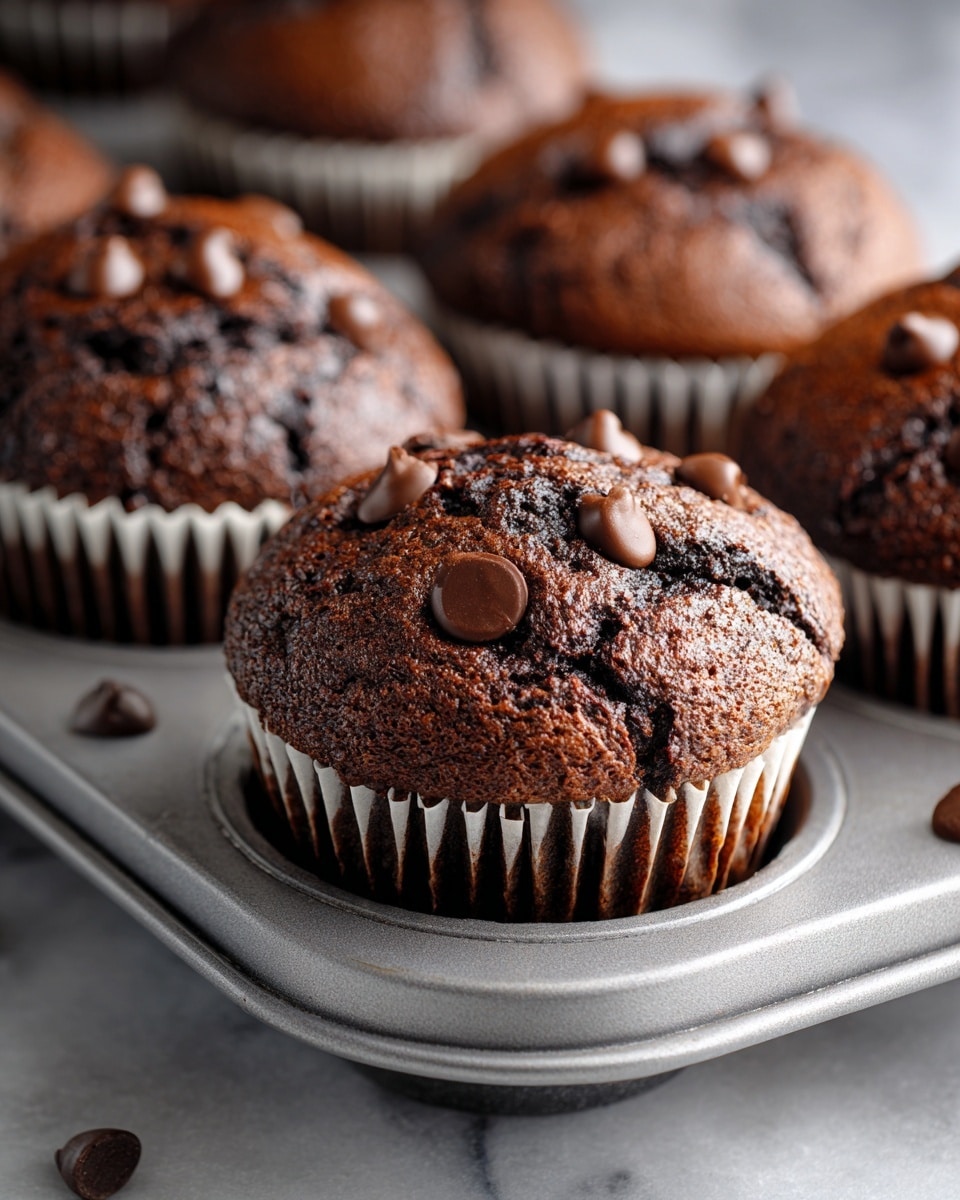 A metal muffin tray holds six rich dark brown chocolate muffins, each topped with many small shiny chocolate chips. The tray sits on a white cloth with thin dark blue stripes, which is laid on a white marbled surface. Nearby, a fresh green zucchini with a slightly shiny skin lies diagonally beside the tray. At the top left, a white bowl is filled to the brim with more small chocolate chips, some of which are scattered on the white marbled surface around it. The whole scene is well lit, showing the texture of the muffins and the matte shine of the chocolate chips, photo taken with an iphone --ar 4:5 --v 7