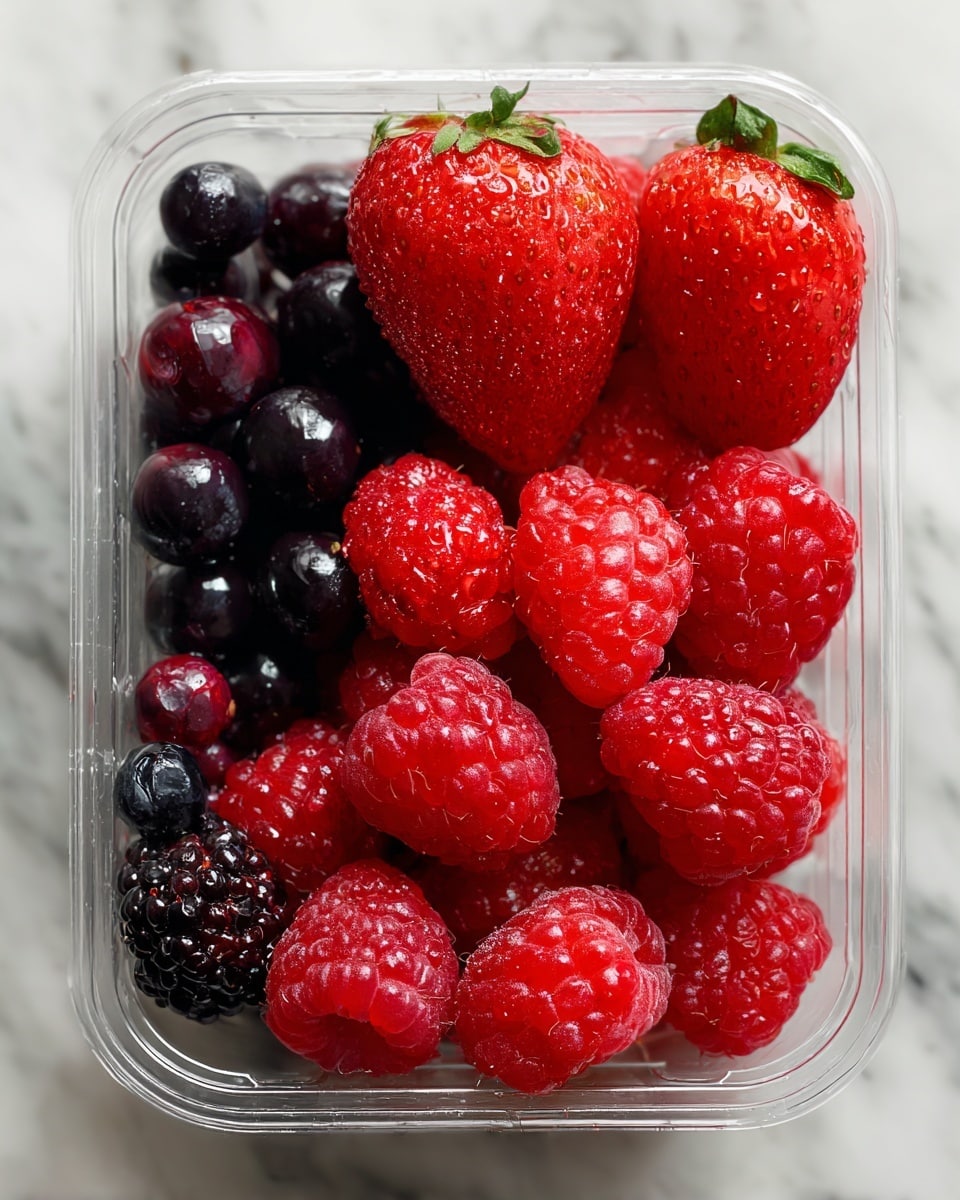 The image shows a close-up top view of a clear container filled with three visible layers of berries. The bottom layer has small dark purple and black berries with a rough texture. The middle layer features a few large, bright red strawberries with a shiny surface. The top layer is a heap of bright red raspberries with a soft, bumpy texture, dominating the frame, some with tiny water droplets. The background is a white marbled surface. photo taken with an iphone --ar 4:5 --v 7