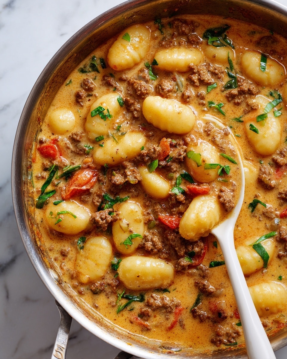 The image shows a creamy, thick stew filled with gnocchi, ground meat, and small chunks of tomatoes mixed in a light brown sauce. The dish has visible specks of green herbs sprinkled on top, adding a fresh touch. The gnocchi are plump and pale yellow, sitting throughout the sauce along with the meat and vegetables. The stew is in a shiny metal pan placed on a white marbled surface, with a white spoon scooping part of the dish from the pan. photo taken with an iphone --ar 4:5 --v 7