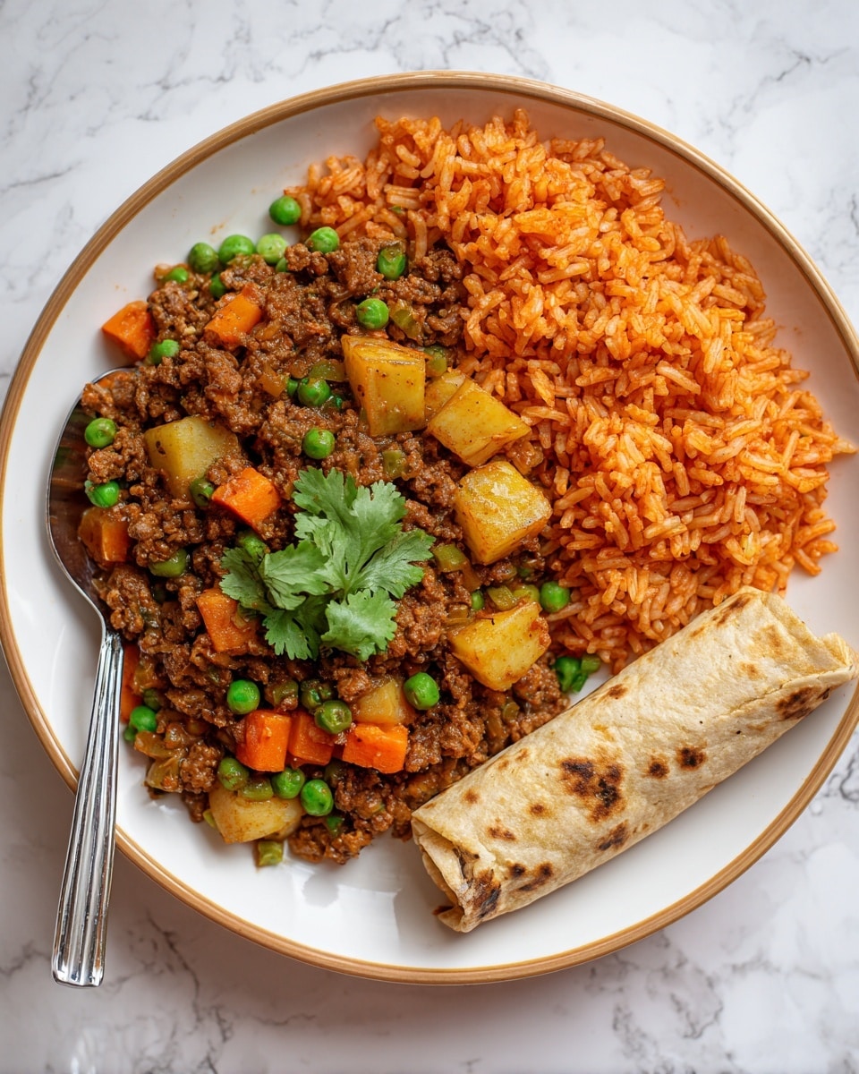 On a white plate with a thin tan rim, there is a dish with three main parts. On the left side, a mix of minced brown meat with small cubes of orange carrots, green peas, and pale yellow potatoes is garnished with a few bright green cilantro leaves. A silver spoon rests in this meat and vegetable mix. To the right, there is a layer of reddish-orange rice with separate grains. At the bottom right edge, a rolled, golden brown tortilla lies beside the rice. The plate sits on a white marbled surface. photo taken with an iphone --ar 4:5 --v 7