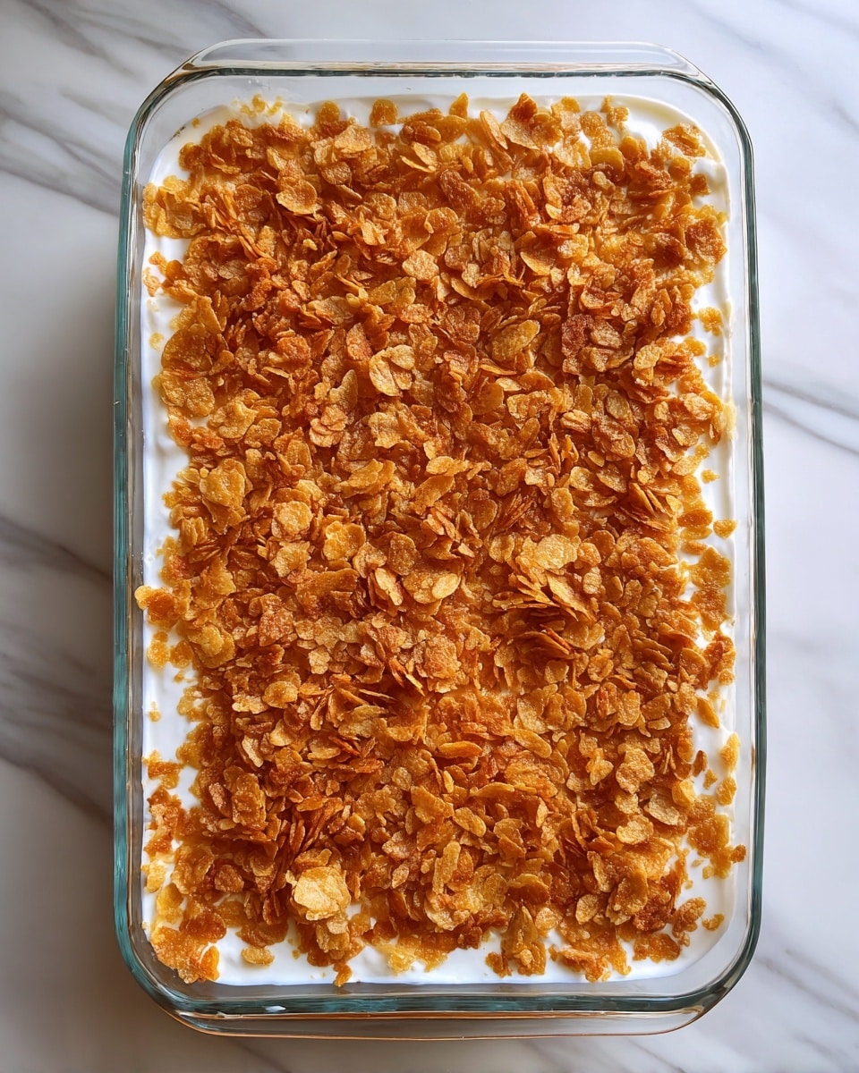 A clear glass rectangular baking dish filled with two visible layers: the bottom layer is creamy and white, while the top layer is evenly covered with a crunchy golden cornflake-like topping that looks crisp and textured. The dish sits on a white marbled surface. photo taken with an iphone --ar 4:5 --v 7