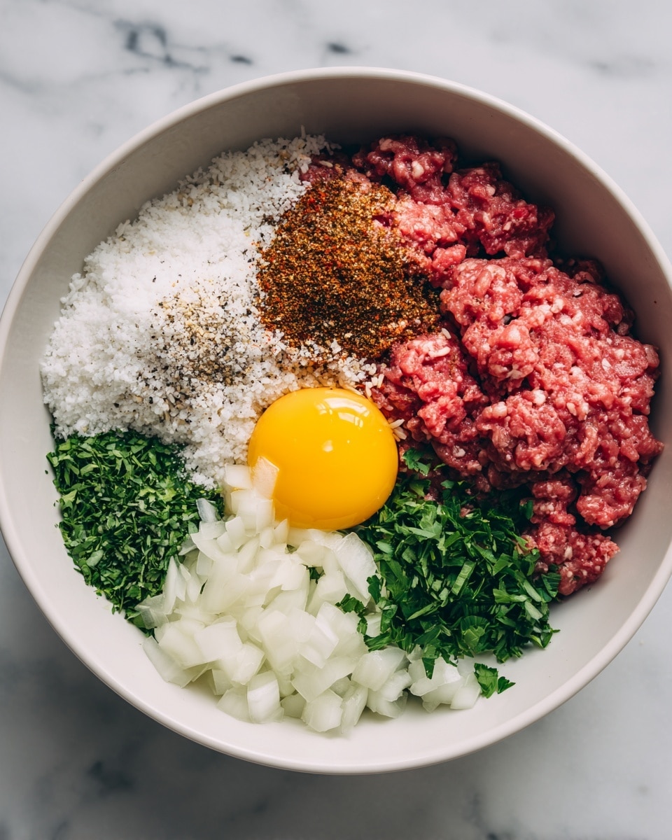 A white bowl sits on a white marbled surface, filled with various raw ingredients arranged in separate sections. There is a pile of pink ground meat on one side with a sprinkling of white salt, black pepper, and brown spices on top. Next to it, a whole yellow egg yolk rests with the clear egg white visible around it. Below the egg, there is a mound of white uncooked rice. At the bottom of the bowl, finely chopped green herbs are placed, while small pieces of diced white onions sit in the center, partially covering the meat and herbs. Photo taken with an iphone --ar 4:5 --v 7