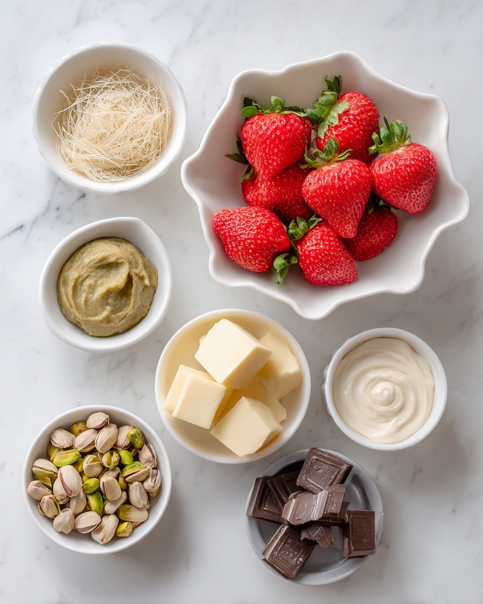 The image shows seven white dishes with different ingredients placed on a white marbled surface. On the left, a white scalloped bowl holds dry, fine, light beige strands of kadaifi pastry. Above it is a small white bowl with a greenish pistachio spread or butter that looks smooth and creamy. In the center, a larger white bowl is full of bright red strawberries with green leaves still attached. To the right, three smaller white bowls hold soft pale yellow unsalted butter cubes, smooth tan tahini paste, and light cream-colored heavy cream. Below the strawberries, a white bowl contains shelled pistachios with green and brown skins. Lastly, a greyish-white bowl holds irregular pieces of dark chocolate that have a slightly shiny texture. The overall arrangement is neat, with vibrant colors and different textures clearly visible photo taken with an iphone --ar 4:5 --v 7