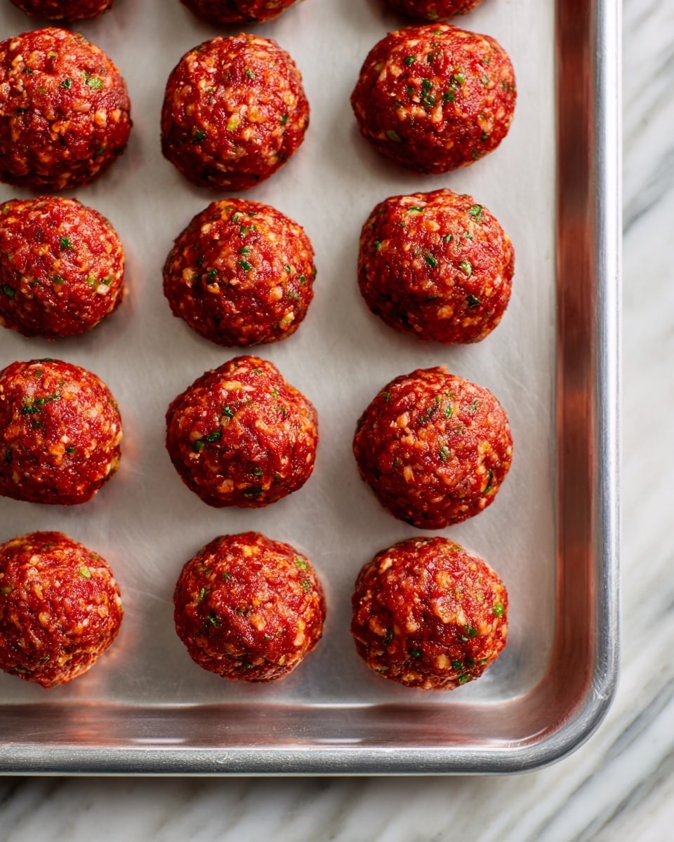 Several raw meatballs are placed in neat rows on a large metal baking tray. Each meatball is round, rough-textured, and shows mixed shades of red and light brown with small bits of herbs and spices visible throughout. The tray sits on a white marbled surface. photo taken with an iphone --ar 4:5 --v 7