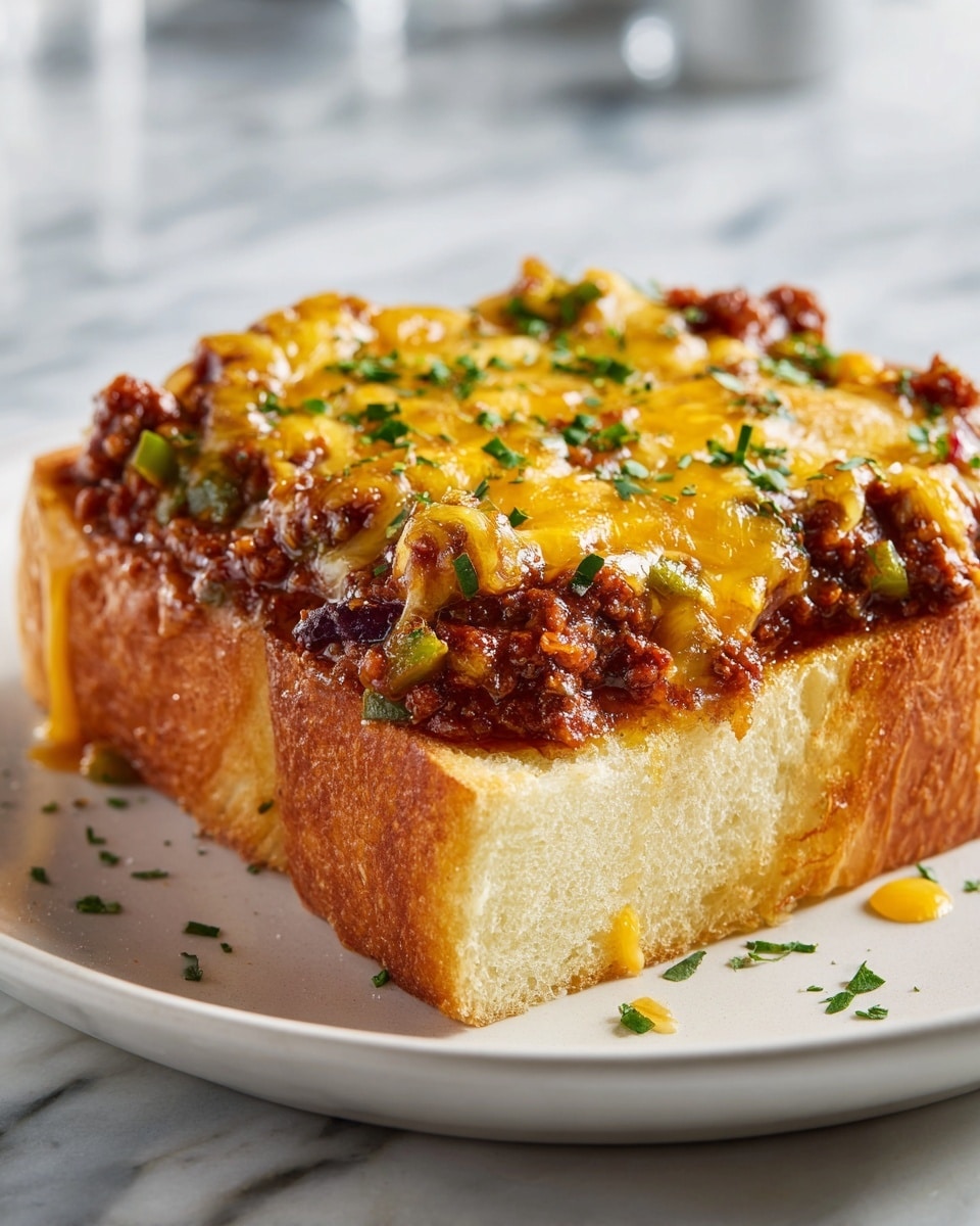 A slice of thick, light golden toasted white bread forms the base layer, topped with a rich, chunky brown meat mixture with visible green bell pepper pieces mixed in. Over this, a layer of melted yellow cheddar cheese covers the meat, with small bits of green herbs sprinkled on top. The textures contrast between the soft melted cheese, the hearty meat mix, and the firm toast. The dish is set on a white plate with a white marbled surface background. photo taken with an iphone --ar 4:5 --v 7