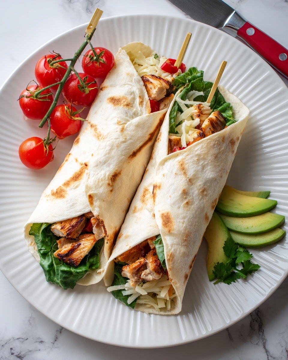 Two wraps sit on a white plate with circular ridges, placed on a white marbled surface. Each wrap is a soft, beige flour tortilla folded into a cone shape, held closed by wooden picks standing upright. Inside, layers include light green lettuce, grilled pieces of chicken with flecks of black herbs, and slices of bright red tomatoes. A cluster of fresh cherry tomatoes on their green vine rests next to the wraps on the plate. In the background, more cherry tomatoes and snap peas are visible on a white plate. The photo taken with an iphone --ar 4:5 --v 7