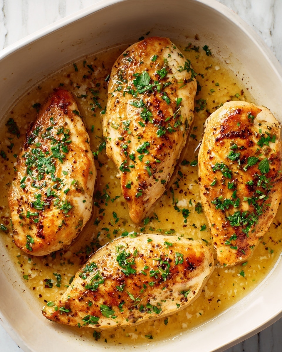 The image shows three cooked chicken breasts in a white pan with light brown juices around them. Each chicken breast has a golden brown, slightly crispy surface with a sprinkle of fresh green herbs scattered on top. The texture looks moist and tender, with the herbs adding a fresh contrast to the warm tones of the chicken. The background is a white marbled texture. photo taken with an iphone --ar 4:5 --v 7