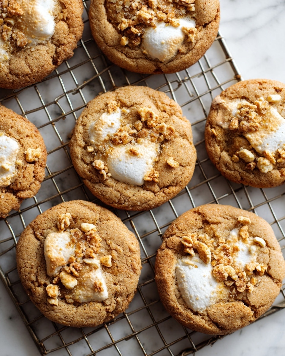 Several round cookies are placed closely on a metal cooling rack, each cookie showing a light brown color with a slightly rough texture. They have white, soft marshmallow-like patches on the top surface and are sprinkled with small, crunchy cereal pieces scattered unevenly over the cookies. The metal cooling rack is positioned on a white marbled surface that covers the background. photo taken with an iphone --ar 4:5 --v 7