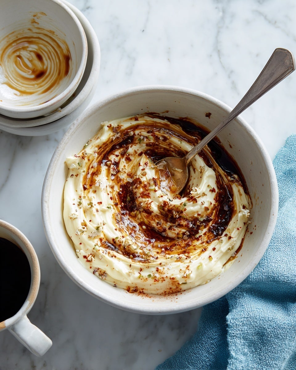 A white bowl sits on a white marbled surface, filled with layers of creamy pale yellow mayo, dark brown soy sauce, light brown mustard, finely chopped garlic, dried green herbs, reddish paprika powder, and white sugar. A metal spoon rests inside the bowl, partially covered by the mixture. Nearby, a stack of two nested white bowls with mustard remnants swirl inside and another clean white bowl has a small amount of coffee-colored residue at the bottom. A soft blue cloth is partly visible on the bottom right. photo taken with an iphone --ar 4:5 --v 7