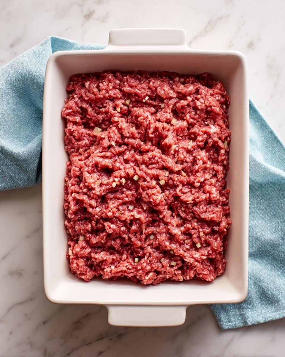 The image shows one layer of raw ground meat mixed with small pieces of chopped onion spread evenly inside a white rectangular baking dish. The meat layer is a deep reddish-brown color with some visible texture from the meat and onion bits, pressed flat to fill the dish. The baking dish sits on a white marbled surface with a light blue cloth partially underneath it on the bottom right side. The photo taken with an iphone --ar 4:5 --v 7