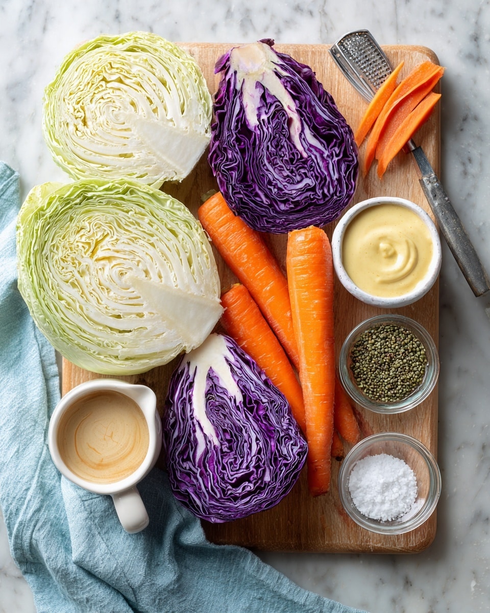A wooden board with several fresh ingredients arranged on it, placed on a white marbled surface. From left to right, there is a large pale green cabbage cut in halves showing its smooth, layered leaves, next to a vibrant purple cabbage cut in half displaying intricate white veins. Above the cabbages are two bright orange carrots, one slightly peeled with thin ribbons of carrot skin next to a metal peeler. On the right side of the board are small glass bowls containing a smooth creamy light yellowish sauce, a dollop of mustard-yellow sauce, and a cup with a light brown liquid. Next to these is a small white bowl filled with dried green seeds or seasoning. At the bottom right corner, a halved red onion reveals its dark purple layered inside above a small glass bowl filled with white granulated salt. A light blue cloth is partially visible under the board. Photo taken with an iphone --ar 4:5 --v 7