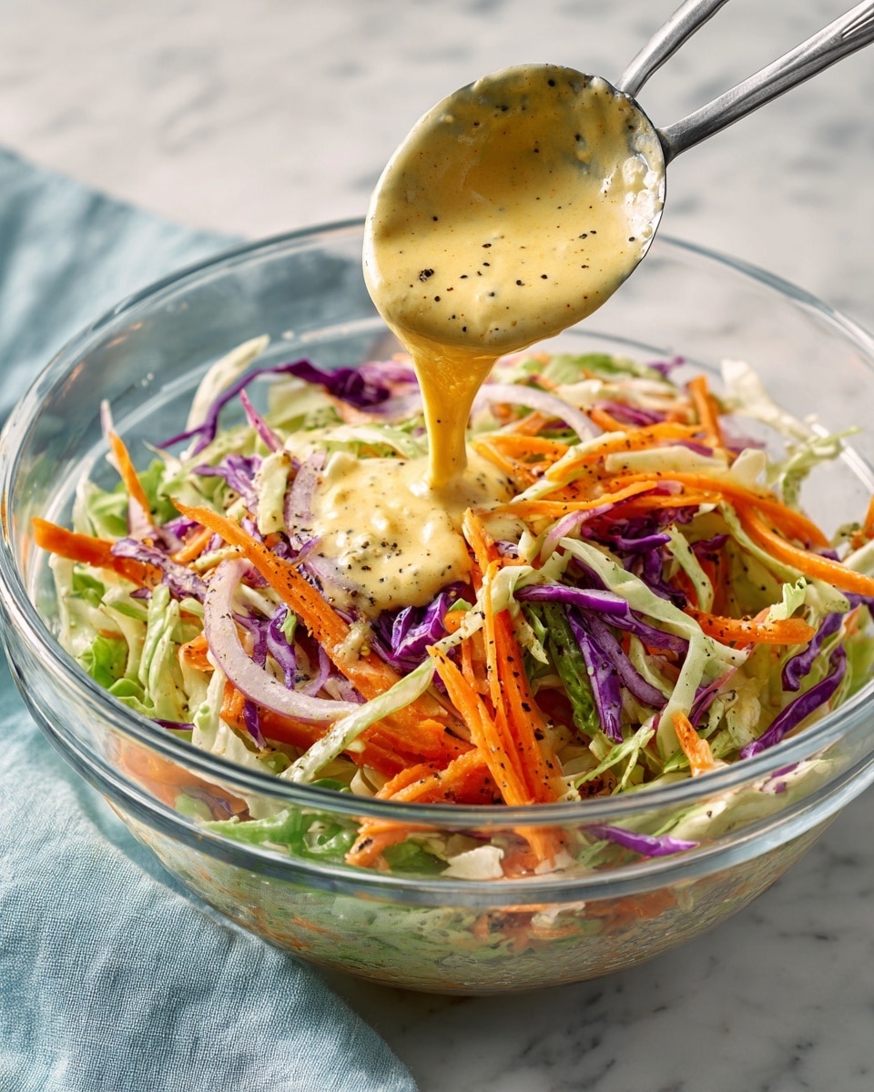 A clear glass bowl contains a colorful coleslaw with thin layers of green cabbage, purple cabbage, orange carrot strips, and light purple onion slices mixed together. A creamy, light yellow dressing with specks of black pepper is poured in thick layers over the vegetables. A silver tongs rests inside the bowl, partially covered by the dressing. The bowl is placed on a white marbled surface with a light blue cloth beside it. Photo taken with an iphone --ar 4:5 --v 7