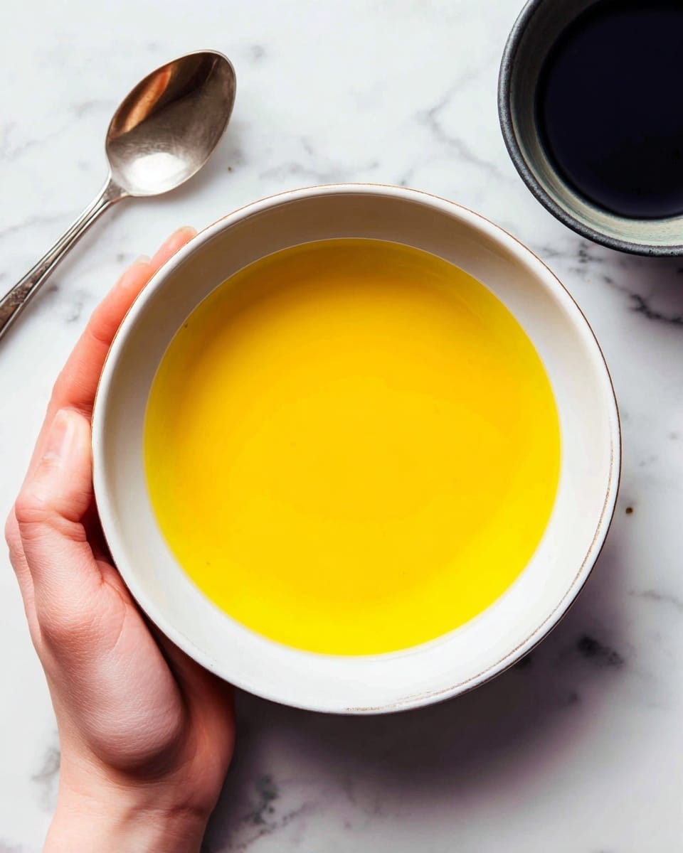 A woman’s hand is holding a white bowl filled with clear yellow soup, showing a smooth and shiny liquid surface. The bowl is centered, and the background has a white marbled texture with a silver spoon placed on the left side, and a dark bowl partially visible on the right. The image is bright with soft light reflecting off the soup and bowl edges, giving a clean and fresh look photo taken with an iphone --ar 4:5 --v 7