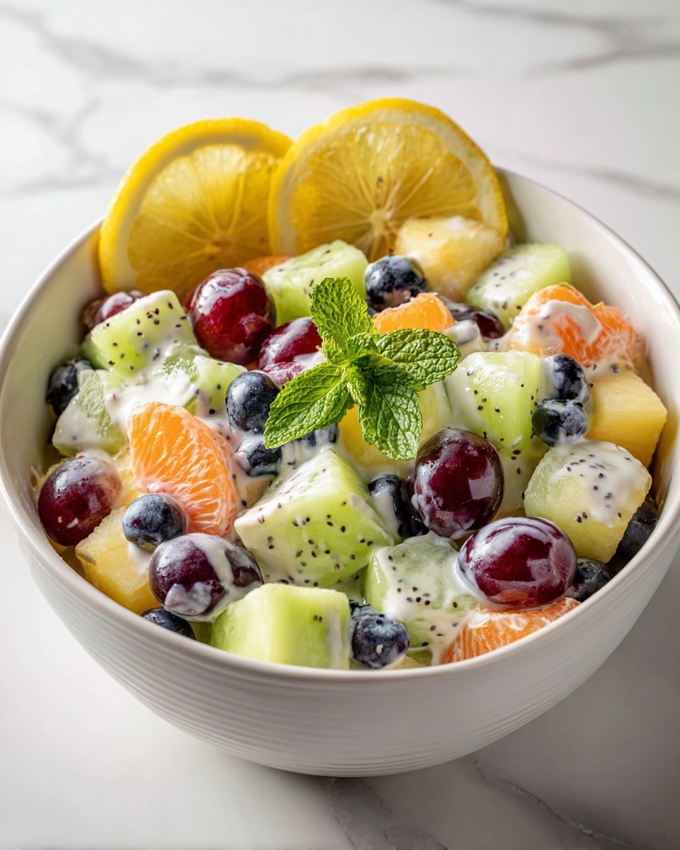 A white bowl filled with a colorful fruit salad covered in a creamy dressing with small black seeds. The salad has chunks of green honeydew melon, orange cantaloupe, red grapes, dark blue blueberries, and pale yellow pineapple pieces scattered throughout. On top, two slices of bright yellow lemon are placed alongside a small bunch of fresh green mint leaves, centered as a garnish. The bowl sits on a white marbled surface. photo taken with an iphone --ar 4:5 --v 7
