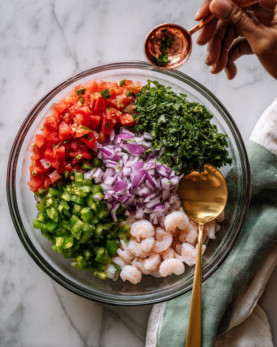 In a clear bowl on a white marbled surface, there are five distinct layers of ingredients arranged side by side: finely chopped red tomatoes on the top left, bright green chopped peppers on the bottom left, finely chopped red onions scattered over the peppers and tomatoes, finely chopped green herbs in the center, and small white shrimp on the bottom right. A copper measuring spoon is held by a woman's hand above the bowl adding more red onions, and a gold spoon is resting inside the bowl on the right side. A white and green cloth is underneath the bowl. Photo taken with an iphone --ar 4:5 --v 7