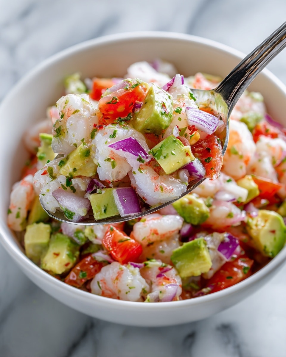 The image shows a close-up of a fresh shrimp salad held by a silver spoon, scooping from a white bowl. The dish has many layers including small, white shrimp, bright green chunks of avocado, diced red tomatoes, finely chopped purple onion, and flecks of green herbs evenly mixed throughout. The shrimp pieces have a soft, shiny texture, while the avocado is creamy and light green. The red tomatoes and purple onions add vibrant color and contrast. The background is a white marbled surface, making the colors of the salad stand out clearly. Photo taken with an iphone --ar 4:5 --v 7