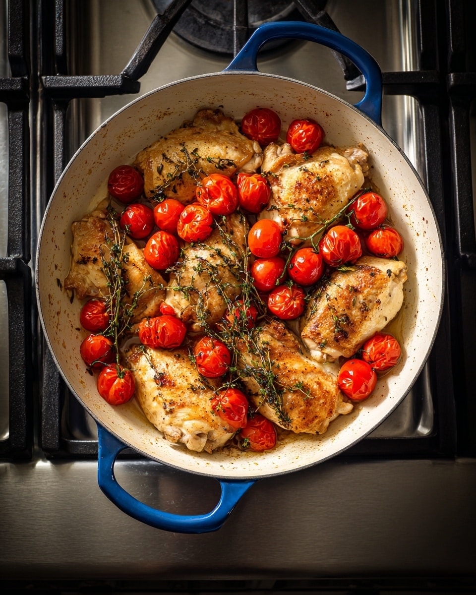 A white pan with blue handles contains six cooked, golden-brown chicken pieces spread evenly inside. Between and on top of the chicken are many small, bright red cherry tomatoes, some still attached to green stems, adding a fresh look. The pan sits on a stovetop with metal burners, and the photo is taken from above, showing the food clearly. photo taken with an iphone --ar 4:5 --v 7