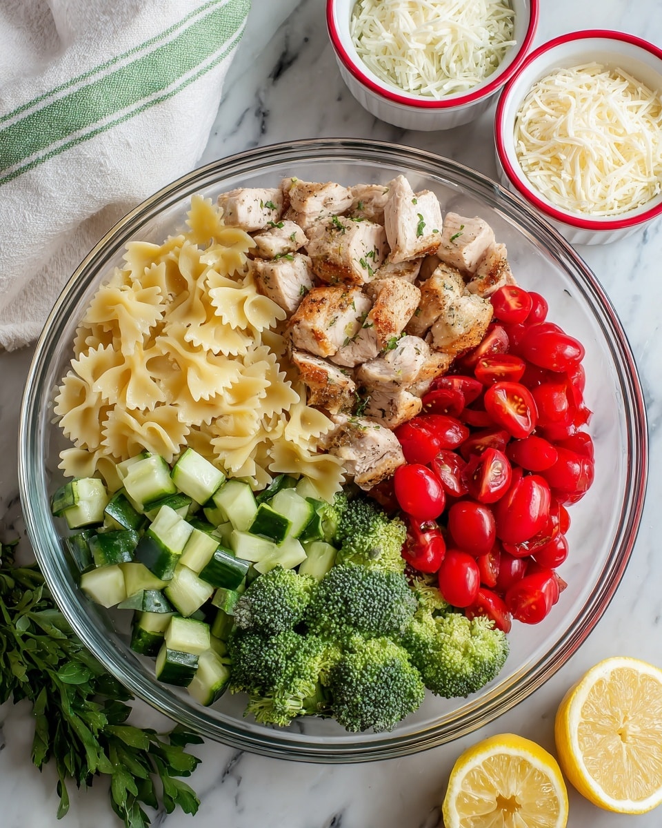 A clear glass bowl contains five distinct sections of food: in the top right, pieces of cooked light brown chicken with white inside; next to it on the left, light yellow bowtie pasta in the center; next to the pasta in the top left, green cucumber chunks; below the cucumbers, bright red halved cherry tomatoes; and below the tomatoes, vibrant green broccoli florets. The bowl sits on a white marbled surface with fresh green herbs and lemon wedges nearby. Two small white bowls with red rims hold a white sauce and shredded cheese, placed in the top right background. A white cloth with green stripes is partially visible in the upper background. Photo taken with an iphone --ar 4:5 --v 7