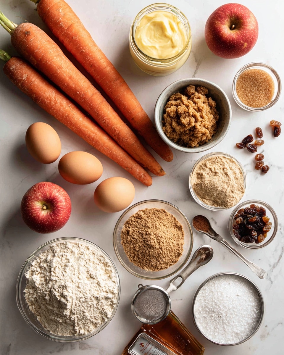 The image shows a top view of various baking ingredients arranged on a white marbled surface. Two large bright orange carrots lie diagonally near the center with two red apples close by. There's a jar with a yellowish puree that looks smooth and thick. A metal cup holds brown sugar with a crumbly texture. Two brown eggs sit side by side near a glass bowl filled with mixed flour layers in white and light tan colors. Small glass bowls hold ground cinnamon, a light tan powder, and raisins with a shiny, wrinkled surface. An open box and a can of white baking soda powder are placed near the top right corner, with metal measuring spoons nearby. A small jar of amber-colored liquid is also present. The layout is clean and focused on the ingredients, all set on the white marbled surface photo taken with an iphone --ar 4:5 --v 7