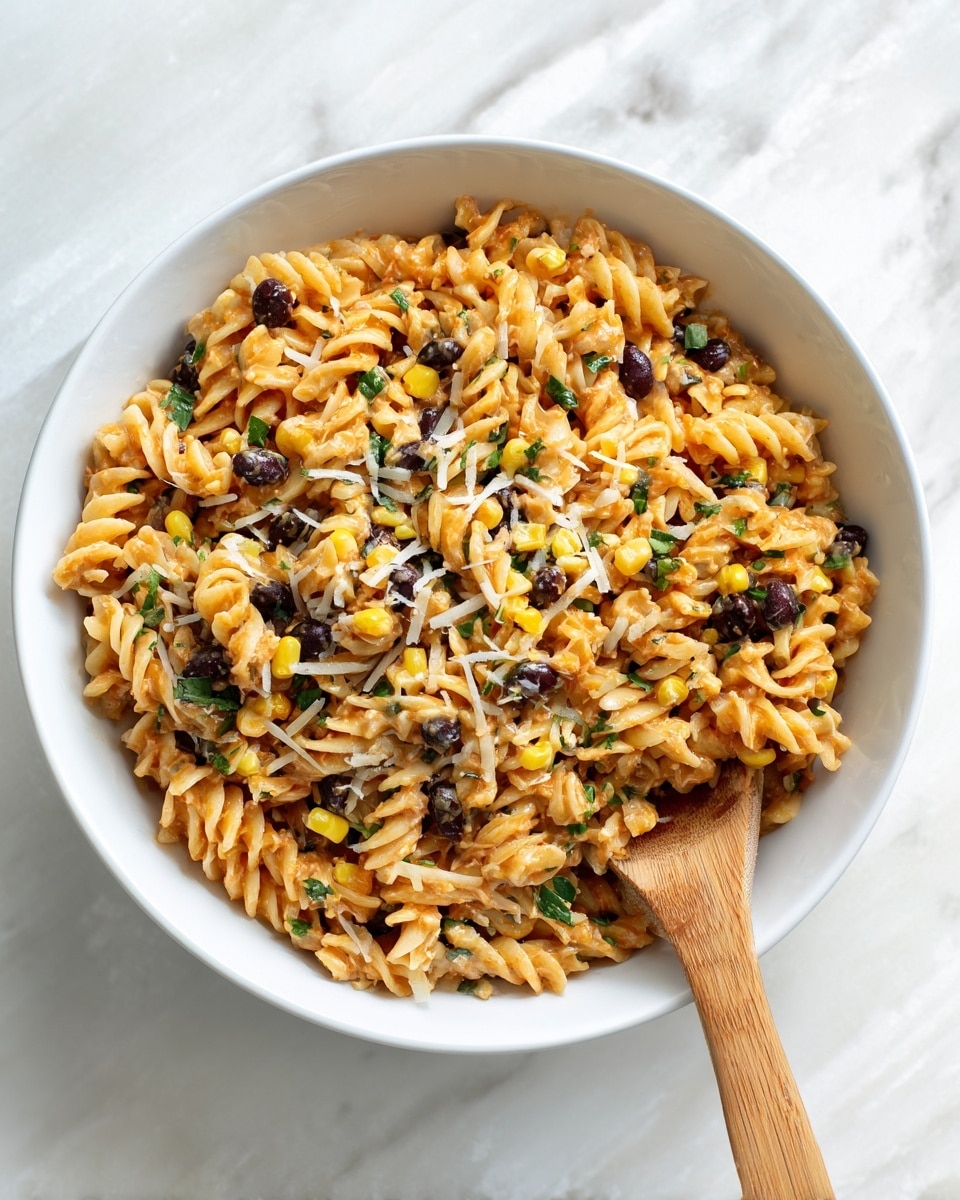 A white bowl filled with creamy pasta salad made of spiral pasta, black beans, yellow corn, and shredded white cheese, all mixed evenly with a light orange sauce. A wooden spoon is partially dipped in the bowl on the right side. The bowl sits on a white marbled surface. photo taken with an iphone --ar 4:5 --v 7