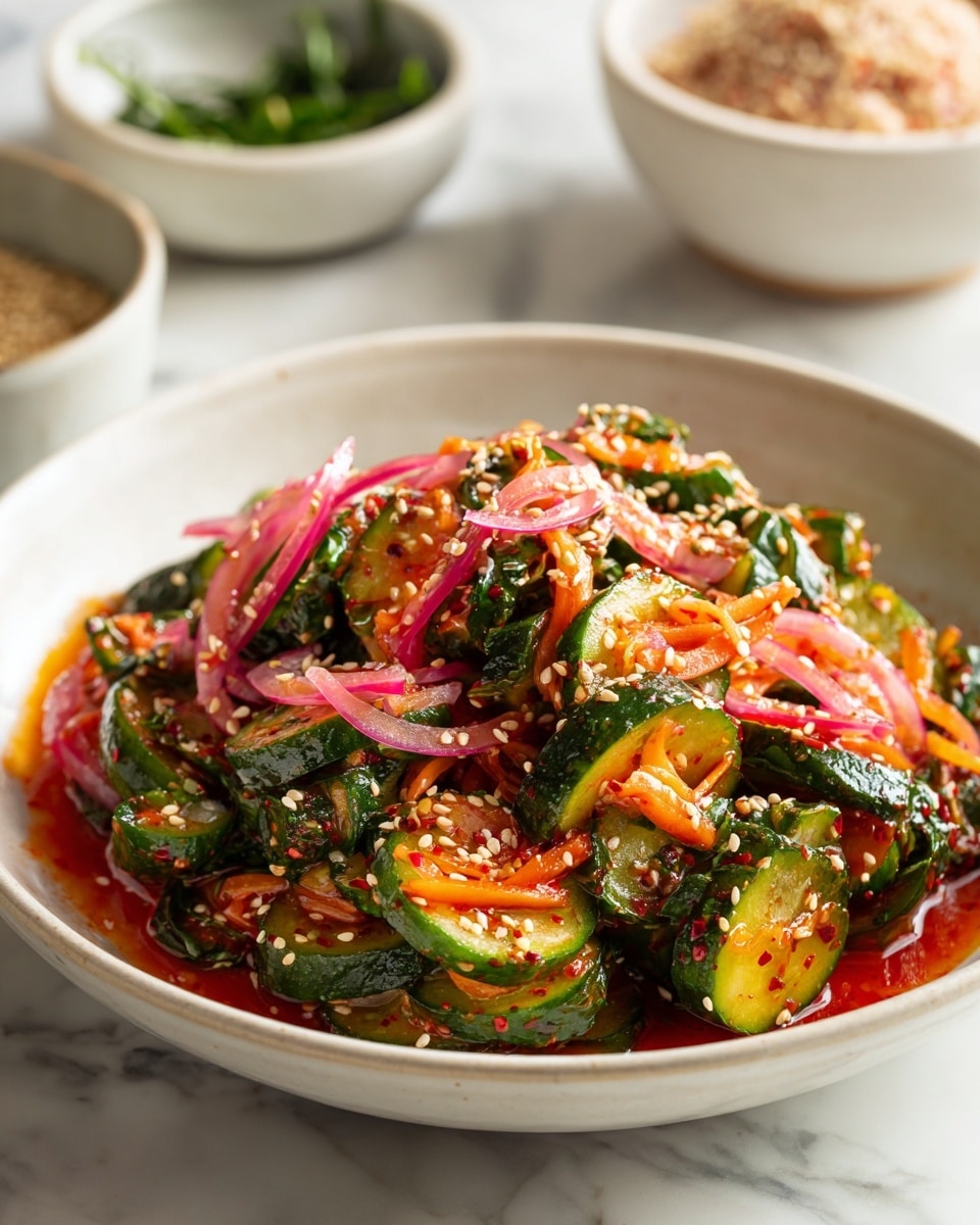 A white shallow bowl filled with a vibrant cucumber salad made of roughly chopped dark green cucumbers mixed with thin slices of pinkish-red onions and bright orange shredded carrots. The salad is coated in a red spicy sauce pooling slightly at the bottom, topped with a generous sprinkle of pale beige sesame seeds. The bowl is placed on a white marbled surface, with blurry background elements including a white bowl of green herbs and another white bowl containing a brown grain-like substance. photo taken with an iphone --ar 4:5 --v 7