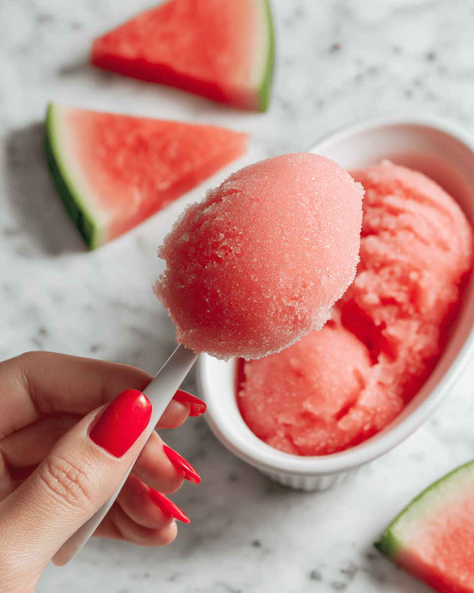 A close-up of a scoop of pink watermelon sorbet held by a woman's hand with red nail polish, the sorbet looks icy and smooth with a soft, granular texture. In the background, there is a white oval dish filled with the same pink sorbet, showing a flat and slightly uneven surface. Around the dish are a few triangular slices of watermelon with red flesh and green rind, placed on a white marbled surface. The image has a bright and fresh feel, highlighting the vibrant pink color of the sorbet. photo taken with an iphone --ar 4:5 --v 7