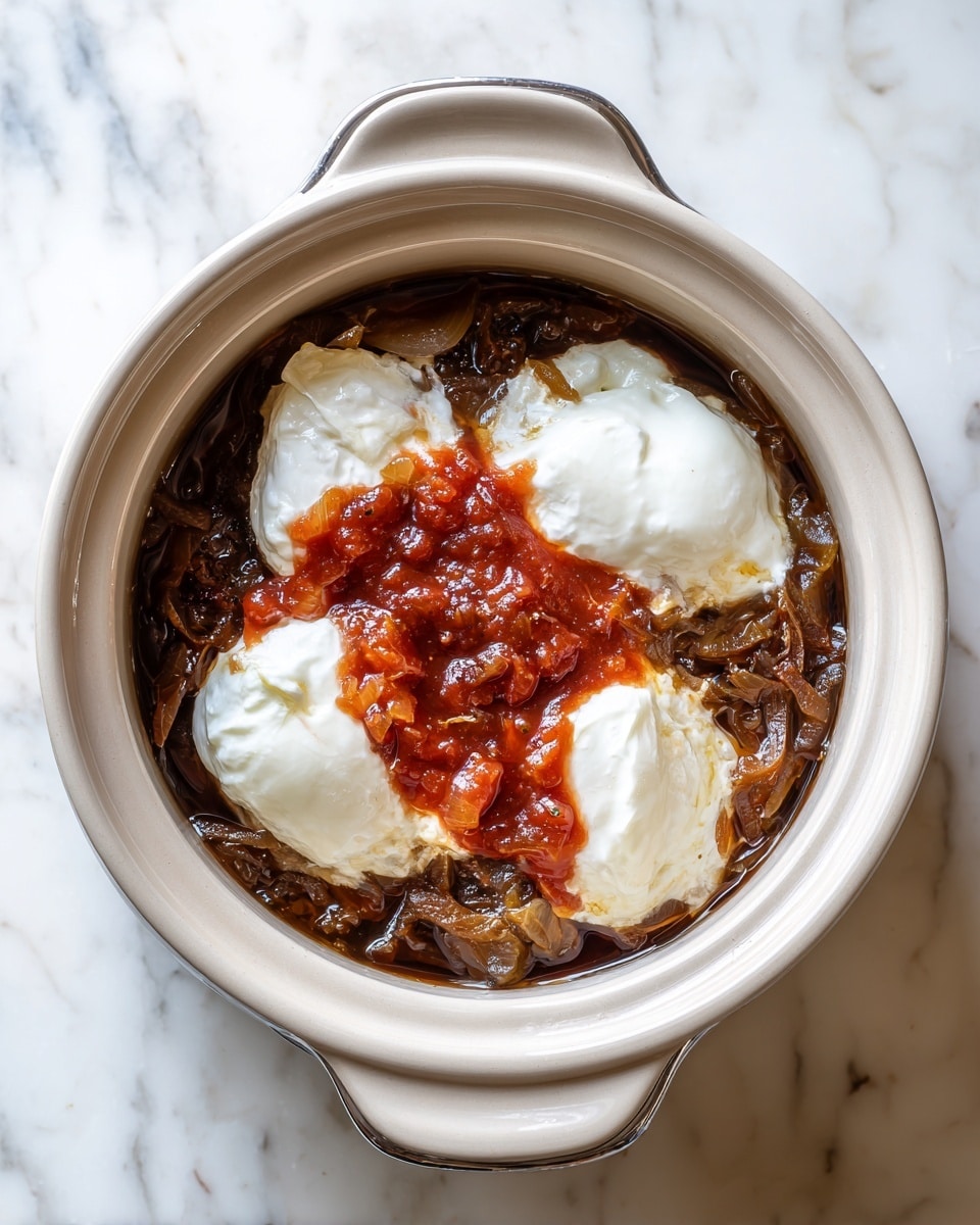 A round white crockpot with a silver handle holds a dish with two main layers visible. The bottom layer is a dark brown mixture with soft, cooked onions that look glossy and slightly translucent. On top, there are two large dollops of creamy white sour cream, one of which is topped with bright red sauce. The crockpot rests on a white marbled surface. photo taken with an iphone --ar 4:5 --v 7
