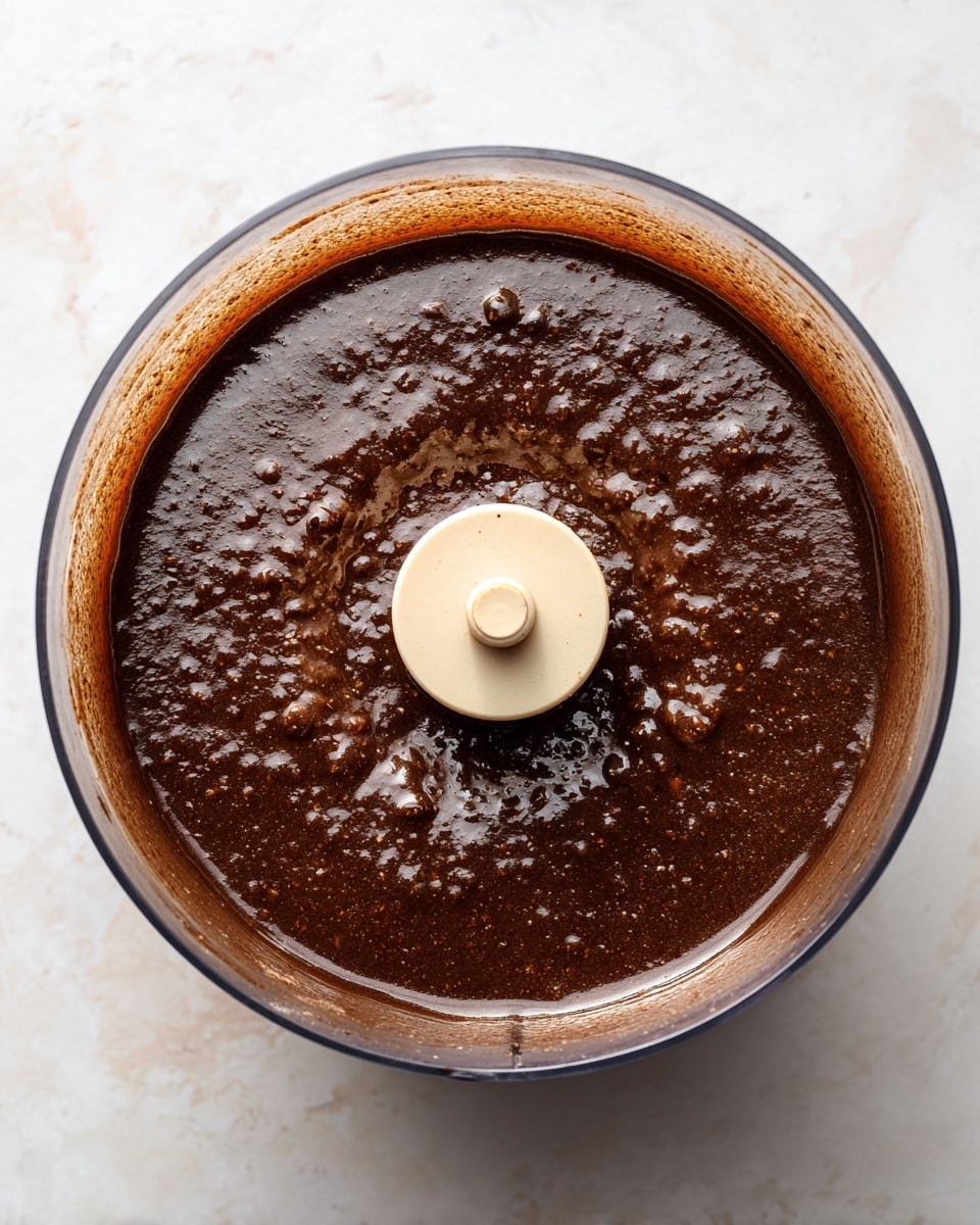 The image shows a top view of a food processor's clear glass bowl filled with a thick, dark brown mixture that looks smooth but with small lumps and bubbles on the surface. The center of the mixture is slightly stirred around the food processor's beige blade, which is visible and sits flat in the middle. The background surface is a white marbled texture. photo taken with an iphone --ar 4:5 --v 7