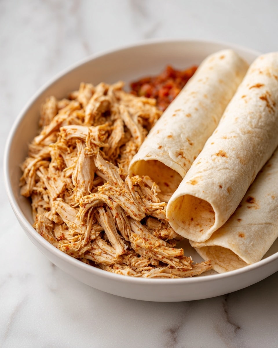 A close-up view of a white bowl filled with shredded cooked chicken pieces that are light brown with some darker seasoning spots, the chicken looks moist and soft with visible texture from the shredding. The bowl rests on a white marbled surface, and there is a spoon in the bowl, slightly out of focus. The image focuses on the chicken texture and color, showing small layers and different shades of brown and beige. Photo taken with an iphone --ar 4:5 --v 7