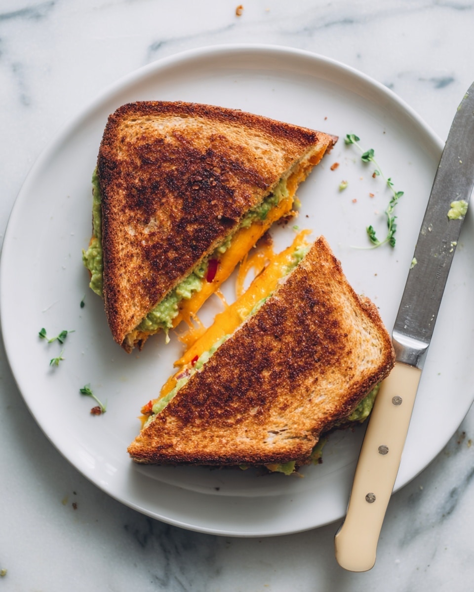 A stack of three grilled sandwiches is placed on a white plate on a white marbled surface. Each sandwich is made of two pieces of toasted brown bread with a crispy, browned texture on the outside. Inside, there are visible melted cheese layers with a golden-orange color, green guacamole spread, and some reddish bits that could be kimchi or another spicy vegetable. The top sandwich is held up at an angle by a woman's hand, showing the green guacamole layer and melted cheese clearly. The scene is bright with a clean, white background. photo taken with an iphone --ar 4:5 --v 7