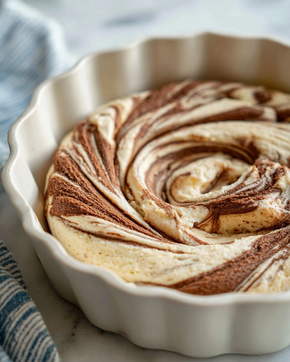 This image shows a close-up of an unbaked swirled cake batter in a white Bundt cake pan, with multiple thick layers twisted together. The batter layers have light beige and darker brown colors, giving a marbled effect, with the darker brown partially mixed in swirls on top. The pan edges are wavy and smooth, and the background is a white marbled surface with a blue and white striped cloth partially visible on the side. The cake batter has a creamy texture with some rough ridges around the swirls. photo taken with an iphone --ar 4:5 --v 7