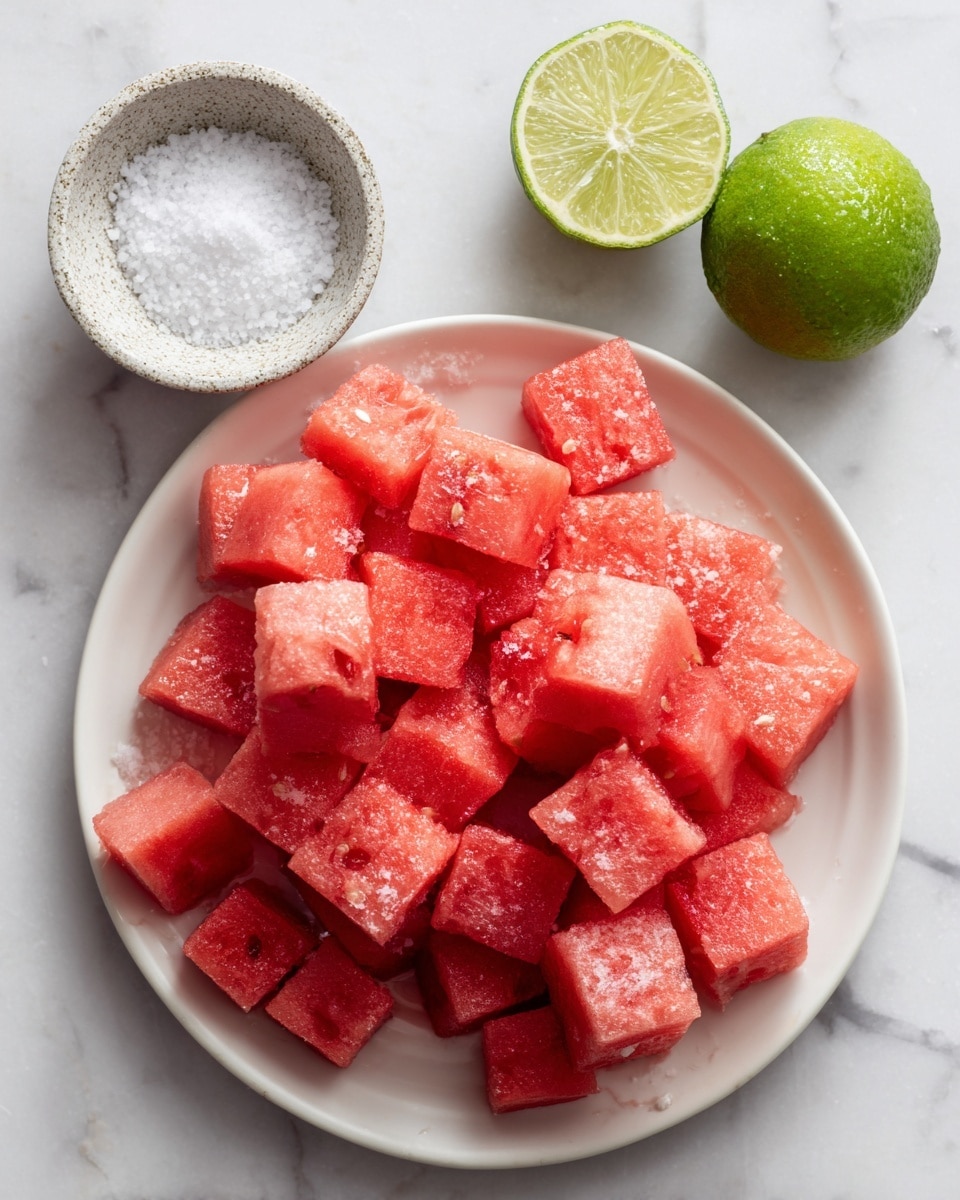 A white round plate holds many pieces of watermelon cut into square shapes. The watermelon is bright red with some parts showing lighter red textures and a slightly wet surface. To the upper left of the plate, there is a small speckled grey bowl filled with white coarse salt. Near the salt bowl, a lime is cut in half showing its light green inside, with a whole lime placed to the right side of the plate. The plate and items are set on a white marbled surface. photo taken with an iphone --ar 4:5 --v 7