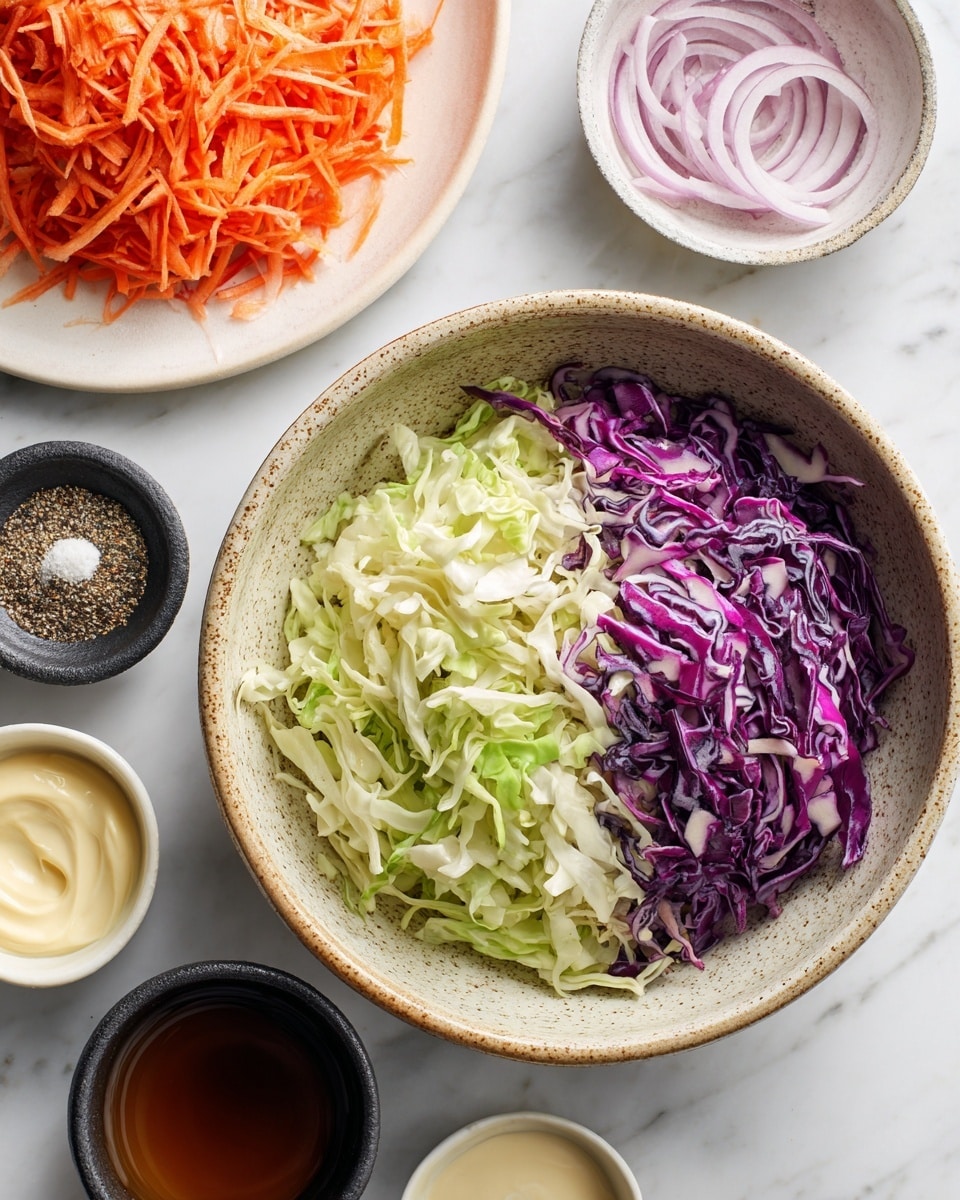A large speckled bowl filled with two layers of shredded cabbage, the left half shows a light green cabbage with soft, thin strands, while the right half has bright purple cabbage with slightly thicker, curly strands; above this bowl, there is a white plate full of thin, bright orange shredded carrots. Around the main bowl and plate, there are five smaller bowls with different ingredients: a dark bowl with a light powder and specks of black pepper; a white speckled bowl with thin, translucent slices of red onion; a small white speckled bowl with creamy pale yellow mayonnaise; a small white speckled bowl with a clear light brown liquid; and a dark bowl with a glossy brown liquid. The surface background is white marbled. photo taken with an iphone --ar 4:5 --v 7