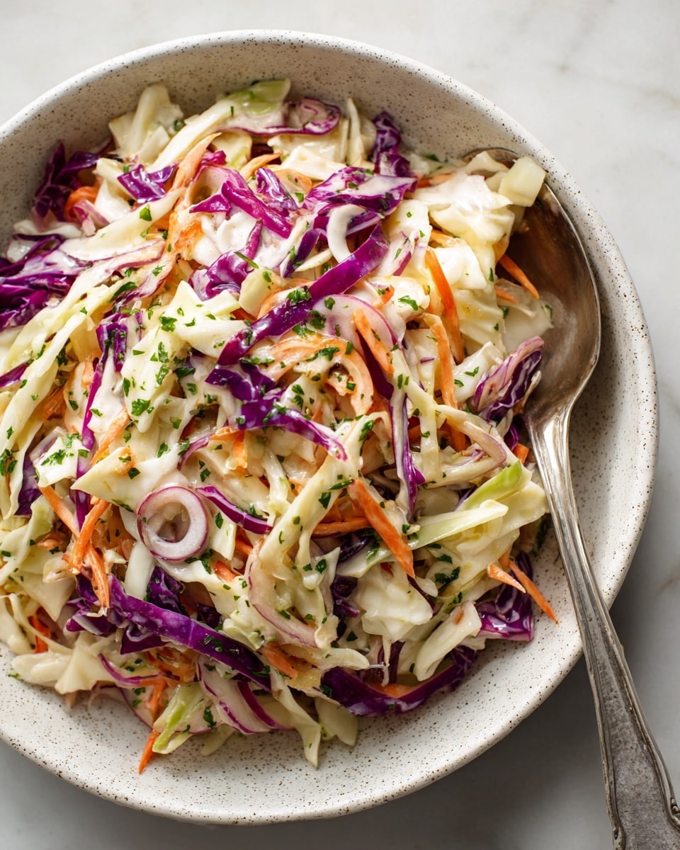 A close-up view of coleslaw in a white speckled bowl, showing a mix of shredded layers including bright purple cabbage, pale green cabbage, thin orange carrot strips, and sliced lighter purple onions, all mixed evenly with small green herb pieces scattered on top and throughout. The textures vary from crisp cabbage and carrot strands to soft onion rings, all coated lightly in a creamy dressing. The bowl sits on a white marbled surface with part of an old silver spoon visible on the left side. photo taken with an iphone --ar 4:5 --v 7