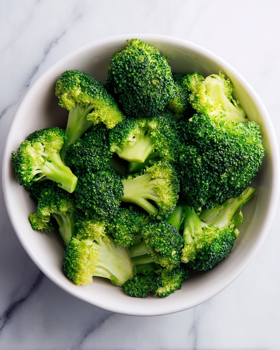 A white bowl filled with several pieces of bright green broccoli florets, each piece showing a rich texture with tiny buds and stems, the florets are evenly spread inside the bowl which sits on a white marbled surface. photo taken with an iphone --ar 4:5 --v 7